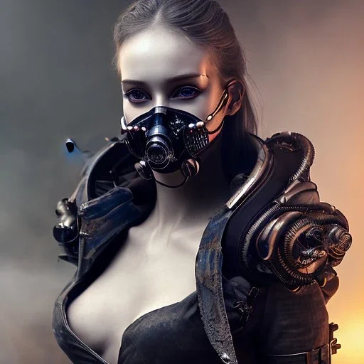 portrait of beautiful woman wearing ultra cyberpunk dystopian fashion, breathing mask, leather, tattered skirt, tubes and wires, stunning, mist and fog, 8k, high-quality, ultra-fine detail, Brian Froud, Howard Lyon, Anna Dittman, Anne Stokes, Selina French, Greg Rutowski