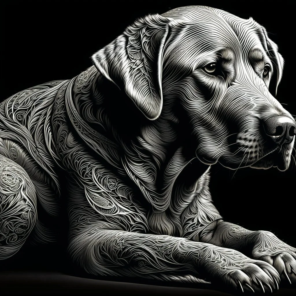 a black and white 3D image of a light brown labrador lying down, surreal and otherworldly, intricate linework, mind-bending composition, intricate patterns in the fur,masterful use of light and shadow,masterful use of light and shadow,masterful use of light and shadow, dreamlike quality, detailed linework akin to Moebius, intricate details, vibrant and contrasting colors, Artstation for showcasing.
