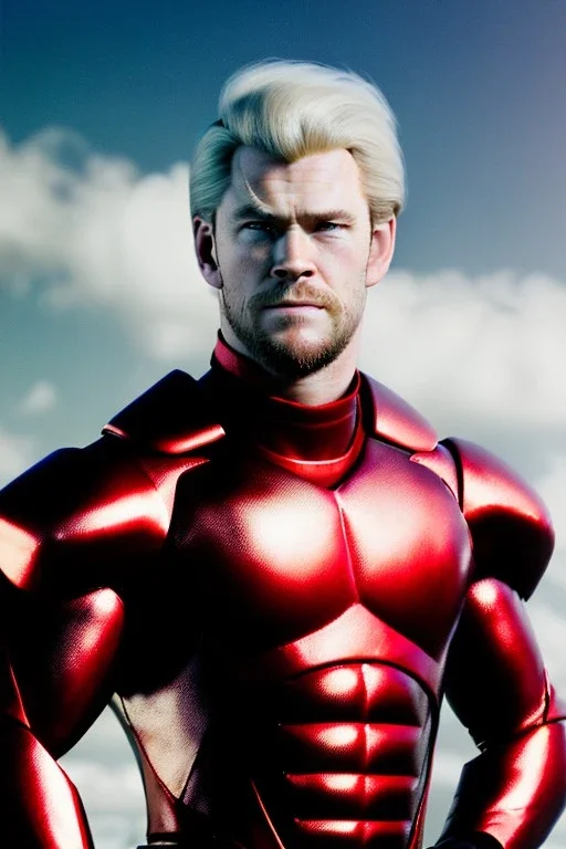 retro portrait image from 1960, sky background, wind, extra long blonde hair, fighting stance, young Chris Hemsworth, clean shave face, black dress, classic long tight lycra black suit, big red cap, silver latex with scales on the arms, gold bracelet and belt, high boots, soft color, highly detailed, unreal engine 5, ray tracing, RTX, lumen lighting, ultra detail, volumetric lighting, 3d, finely drawn, high definition, high resolution.