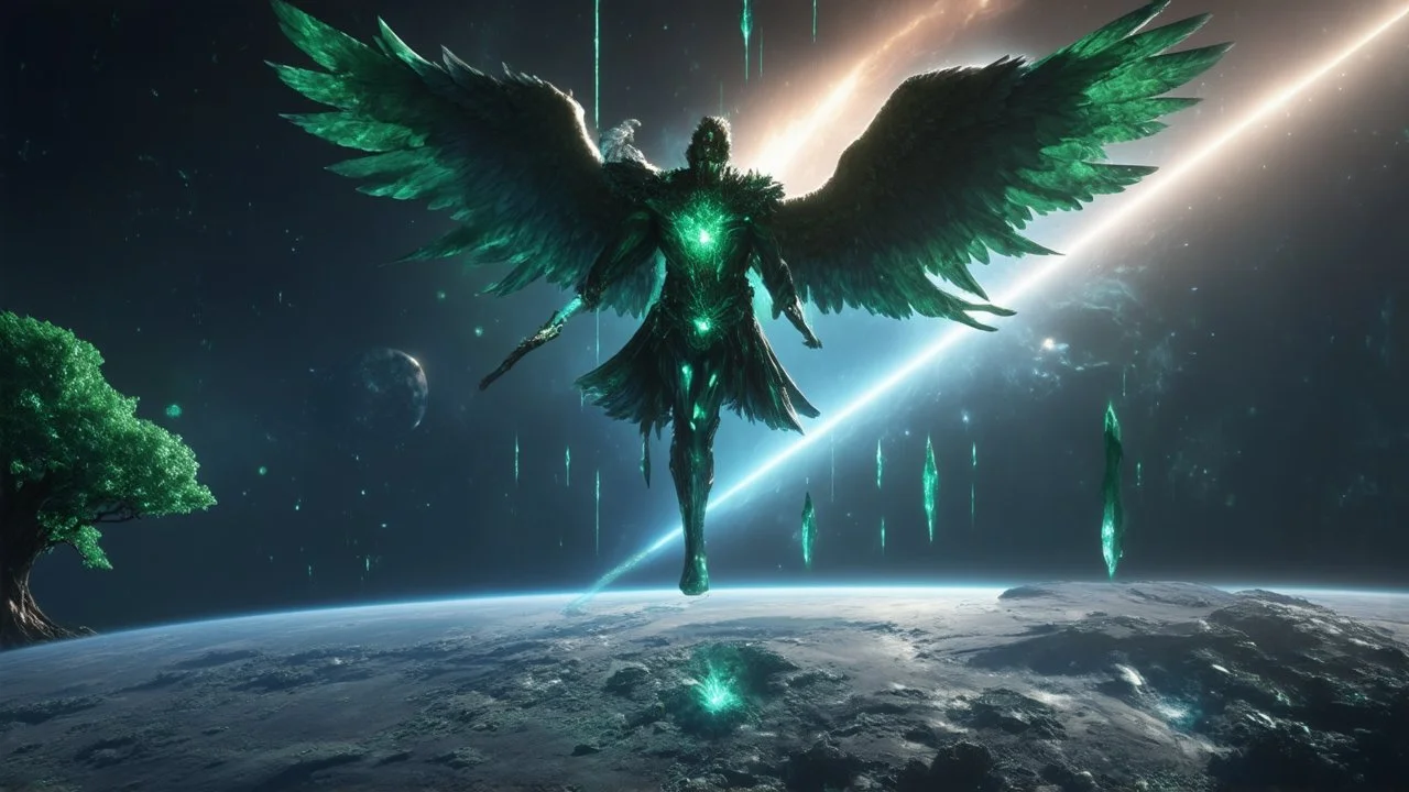 matrix universe, space, planets, god creation, angels from other dimensions with beautiful wings, trees on the planet, behind green crystals of light, command conquer tiberium deposits on the planet near tree,