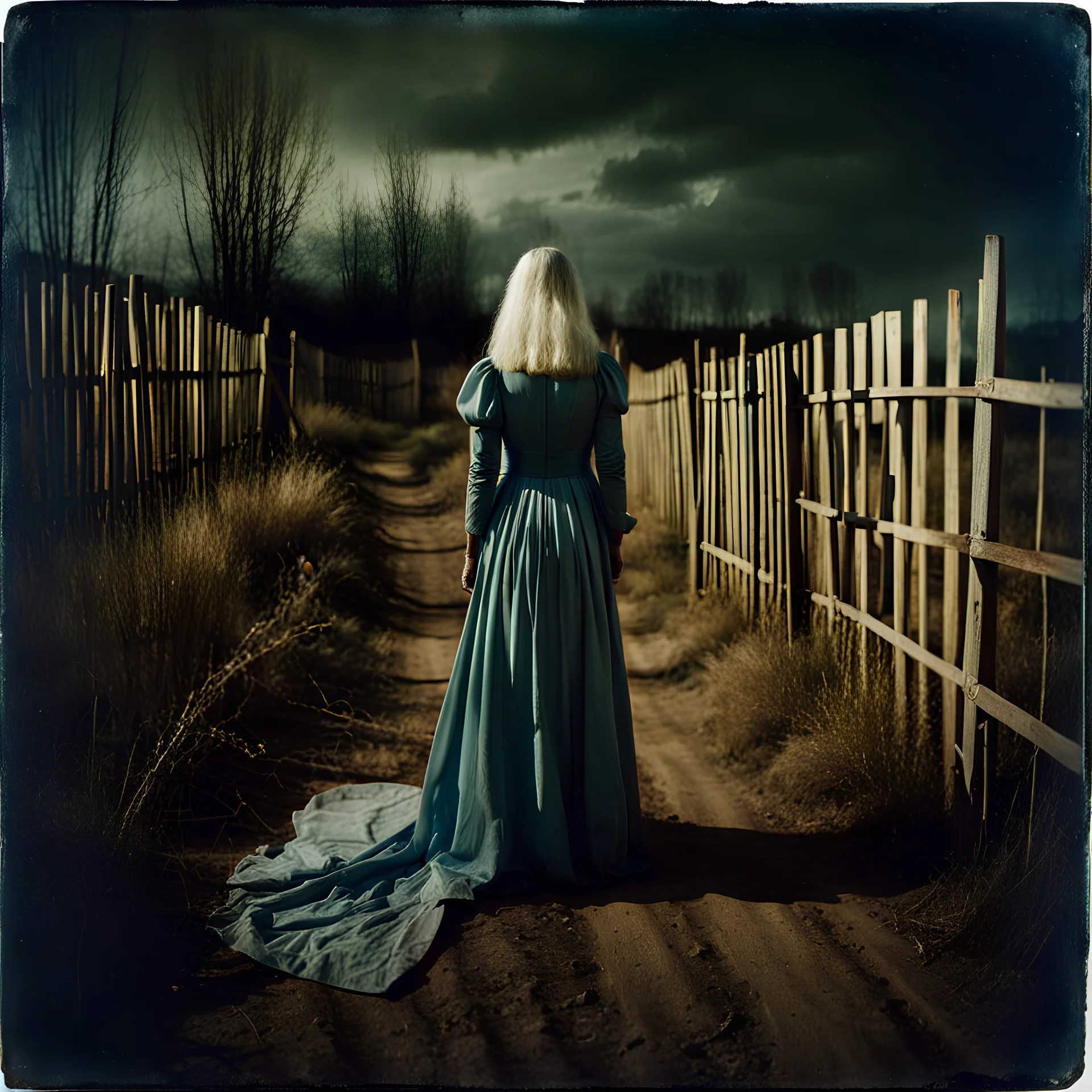 Photorealistic polaroid nothingness and distressing anguish old wooden figure wasteland night Max Ernst Hieronymus Bosch, fence, volumetric light, shot on Hasselblad, movie shot, details of the dress accentuated, nightmare, hypermaximalist