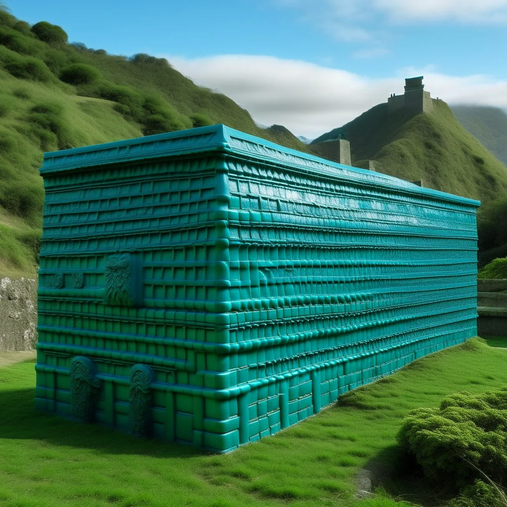A greenish blue great wall fortress designed in Maori sculptures painted by Cai Jia