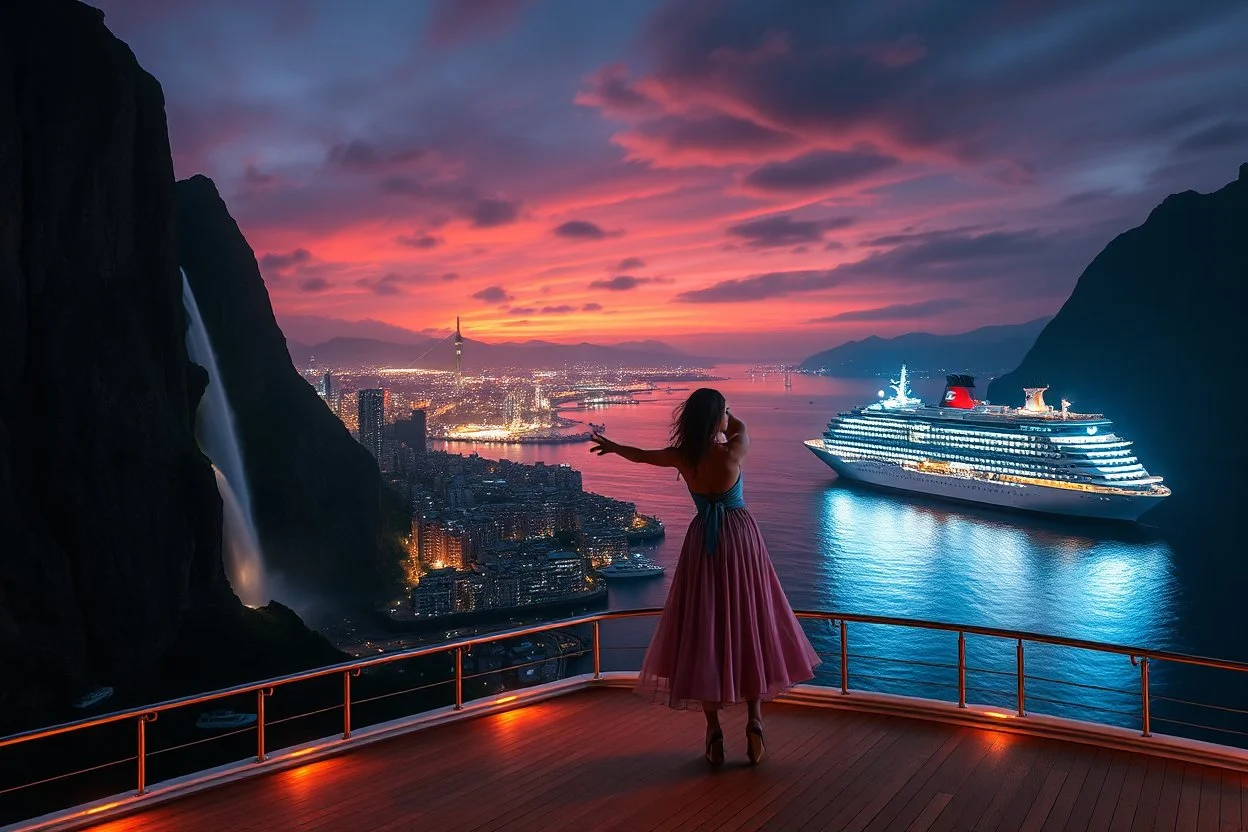 A modern city at the foot of the mountain. The entrance valley with a waterfall from a high rock.and huge sea with a very big ship in it, A beautiful lady dancer showing her performance in a poen stage on deck of ship in a top and midi skirt. at night ,dynamic color turnning lights