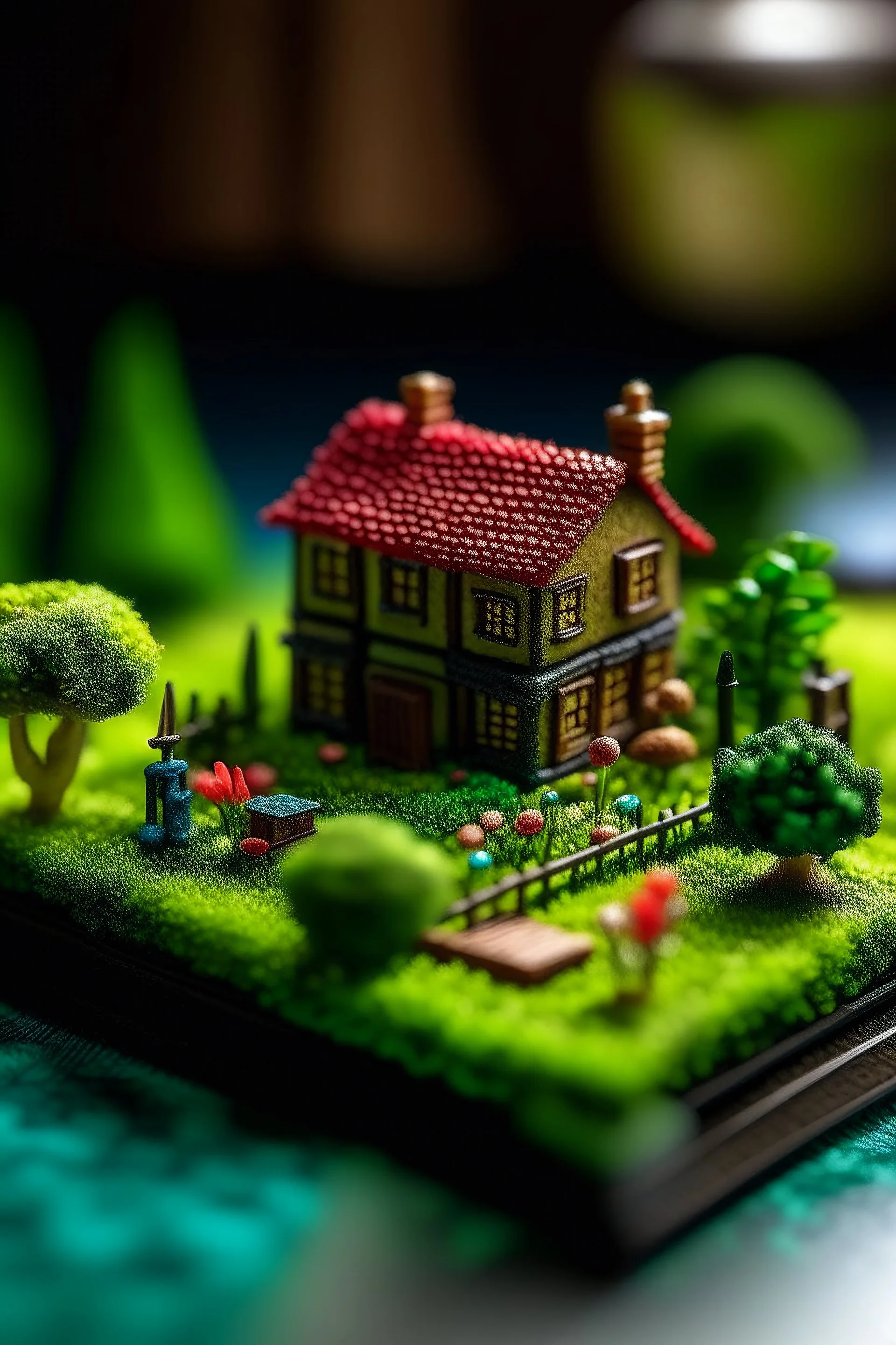 A vibrant and engaging image showcasing a beautifully arranged miniature model set, including a small house, an artificial grass mat, miniature trees, acrylic paints, and tiny concrete tiles. The scene is inviting and creative, with a cozy and picturesque atmosphere. The background should be softly blurred to emphasize the detailed model elements, and a sense of excitement and exclusivity should be conveyed. Include a subtle banner or ribbon with the text 'Special Offer' or 'Limited Time Bonus'