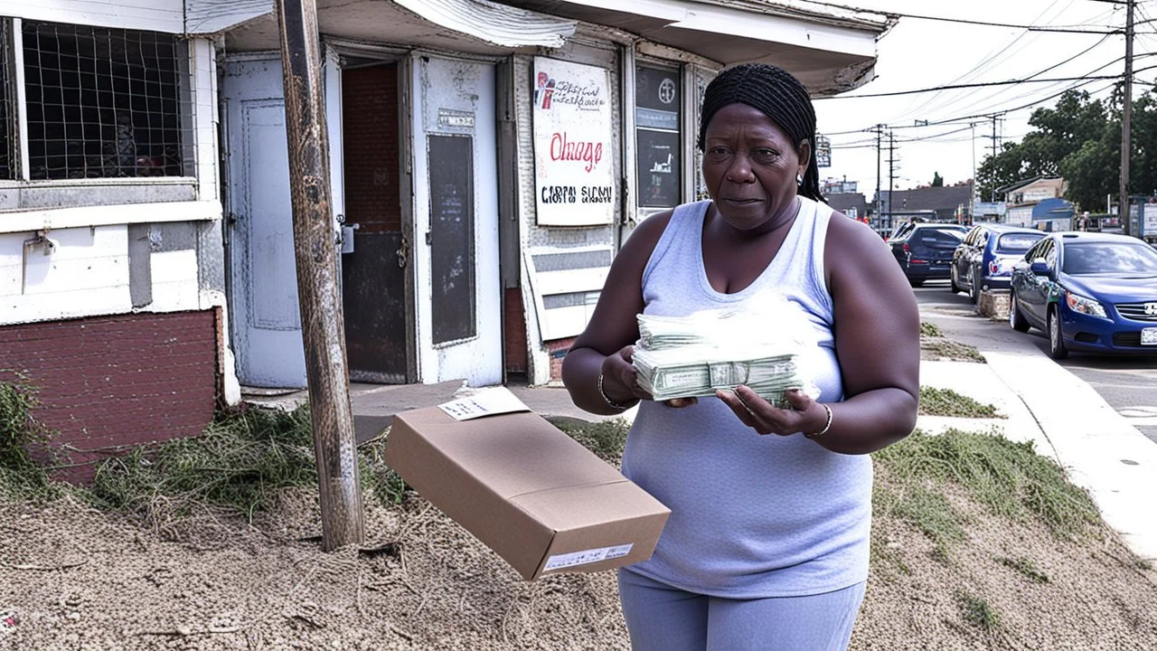 woman hands the bundles of cash her mobile phone provider's located across the street from an boarded up liquor store