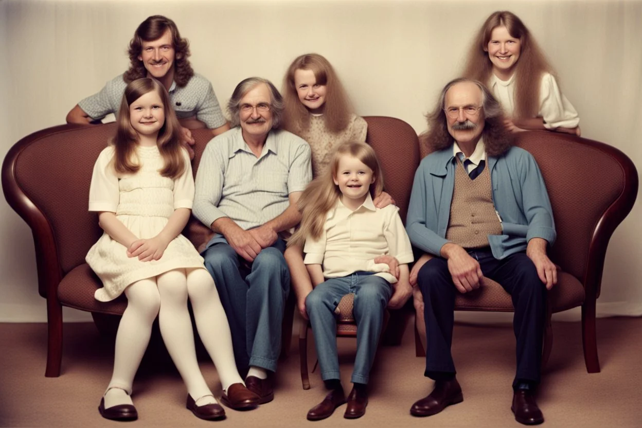 Awkward Family Photo, old and young sitting on chairs, weird smiling, long 70 hair and mustasch