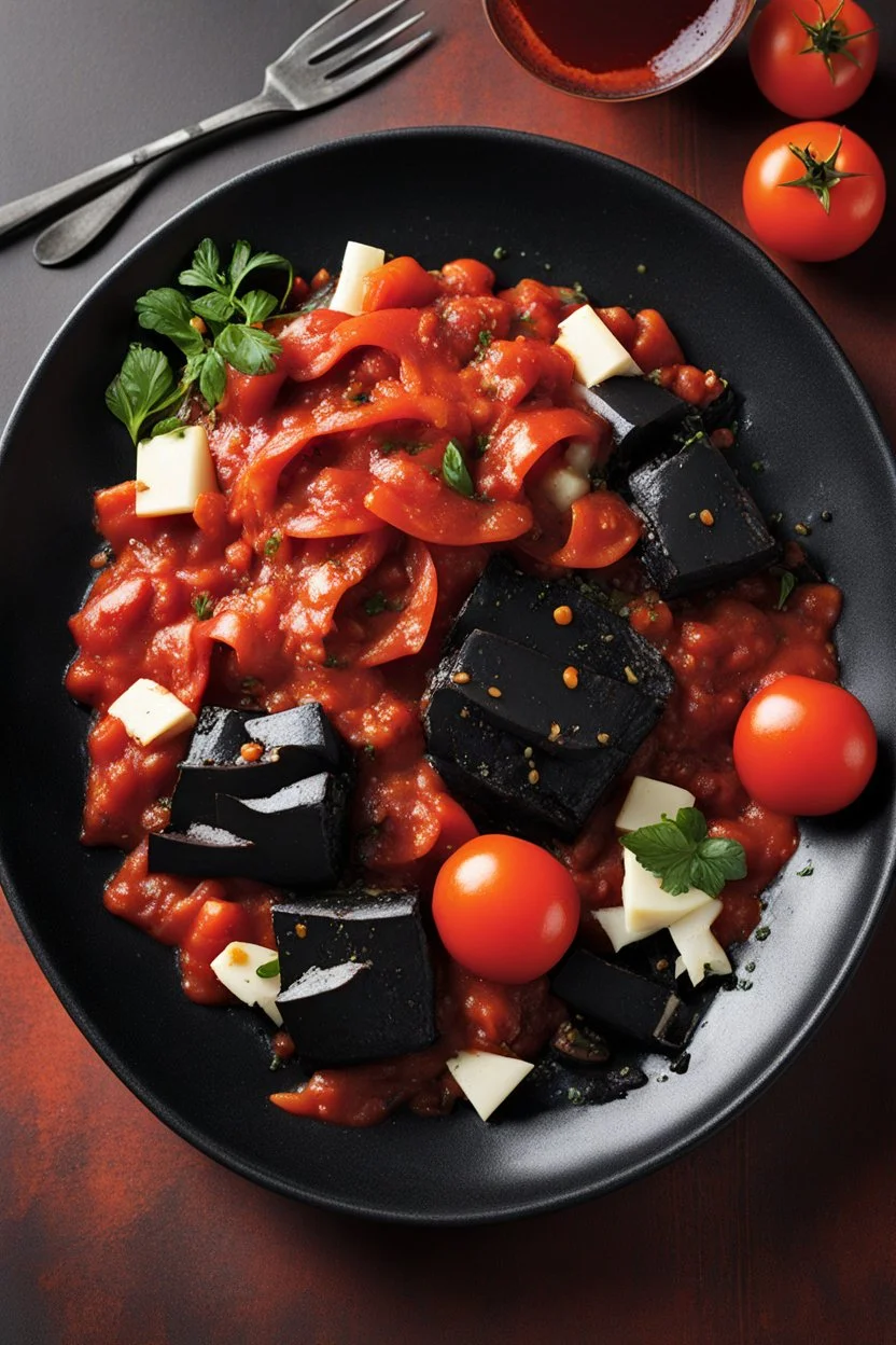 shocking bloody Guillotine magazine cover: A dark squid ink pasta served with a rich, red tomato sauce and spicy Italian sausage.