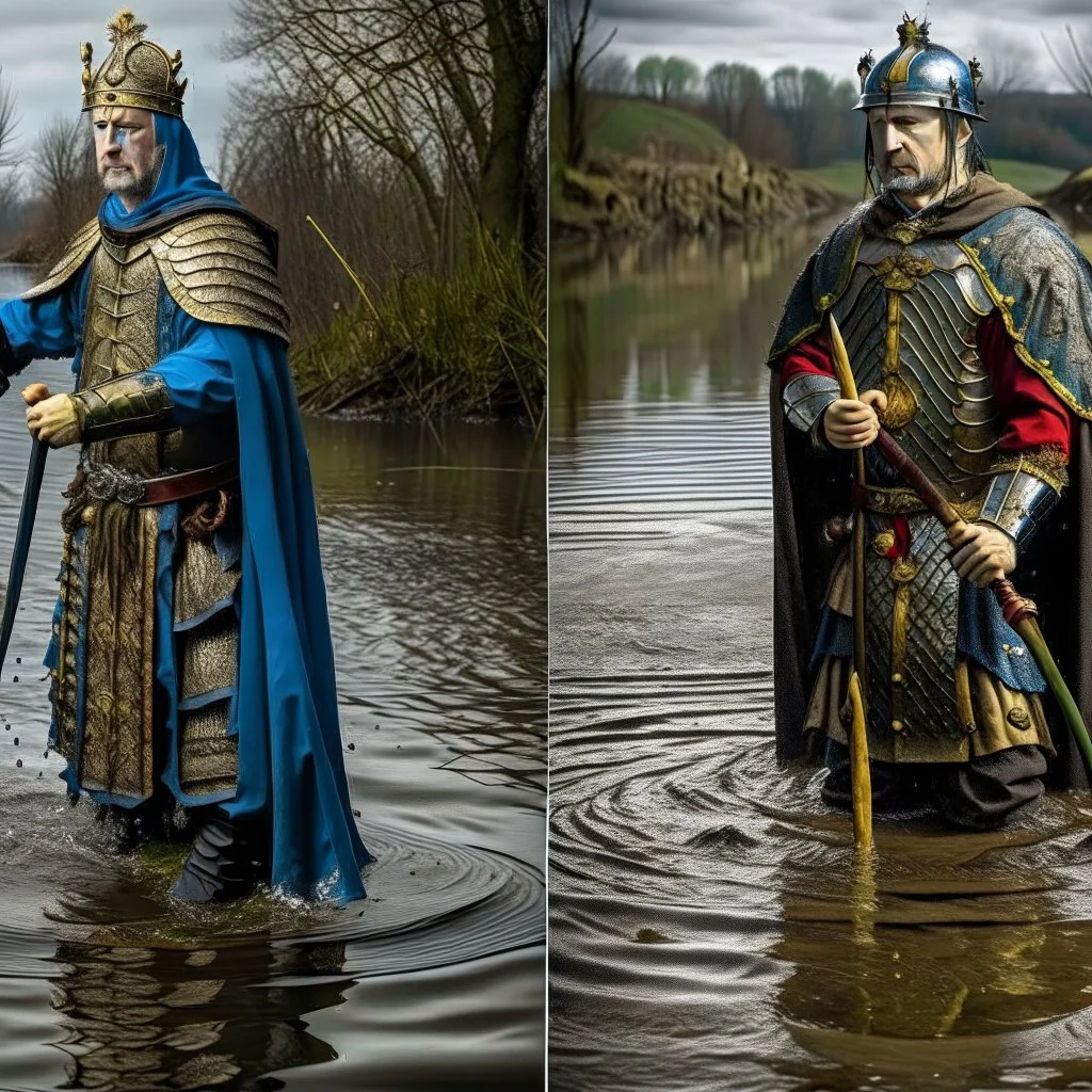 The prince of the high tide and the prince of the low tide in the river wearing medieval battle clothes, the image is divided into half a river at high tide and half a river at low tide