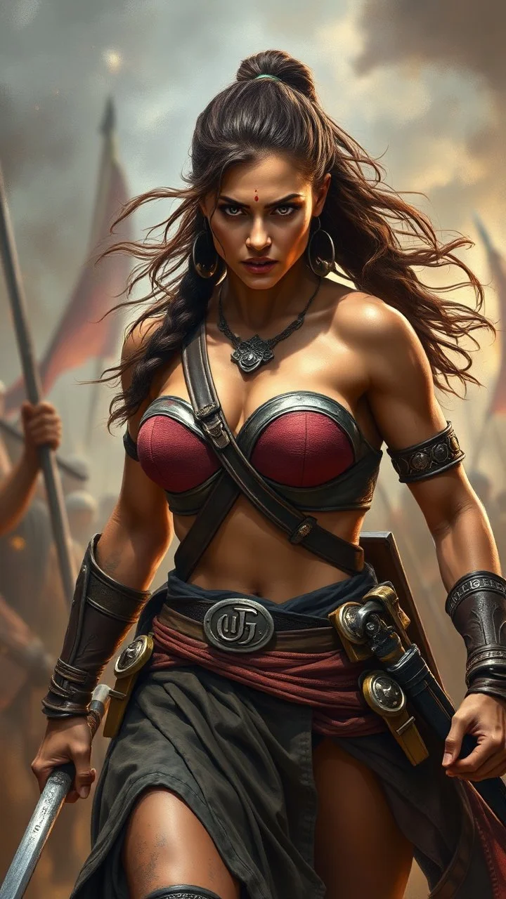 In a cinematic scene, a powerful woman warrior with a tall and athletic build strides confidently into battle. Her beauty radiates from her fierce expression and strong, muscular form. The image is a highly detailed painting that captures the intensity of the moment. Every aspect of the warrior is meticulously depicted, from the gleam of sweat on her brow to the determination in her eyes. The scene is infused with a sense of epic grandeur, immersing viewers in the thrilling spectacle of a warrio
