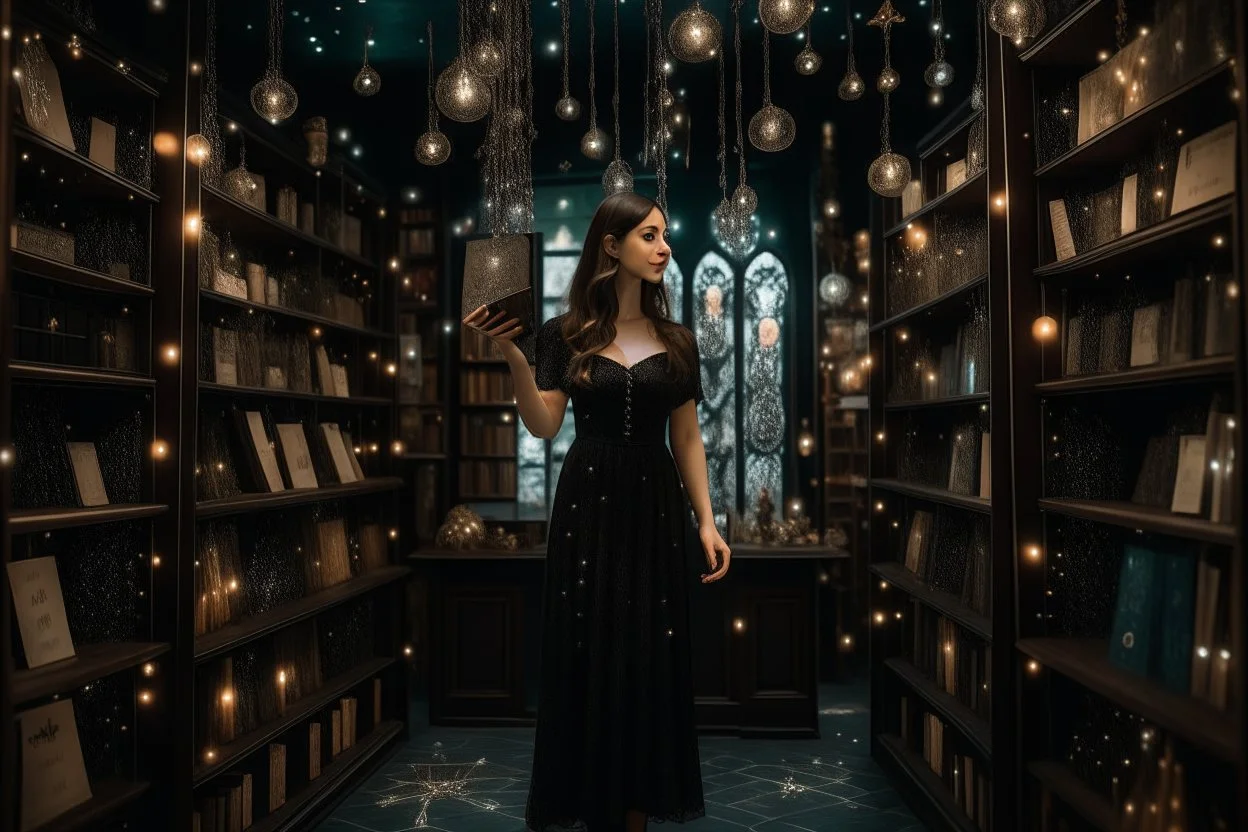 full-height shot of a woman in a tight black dress, holding up small glowing symbols, inside a magic book shop