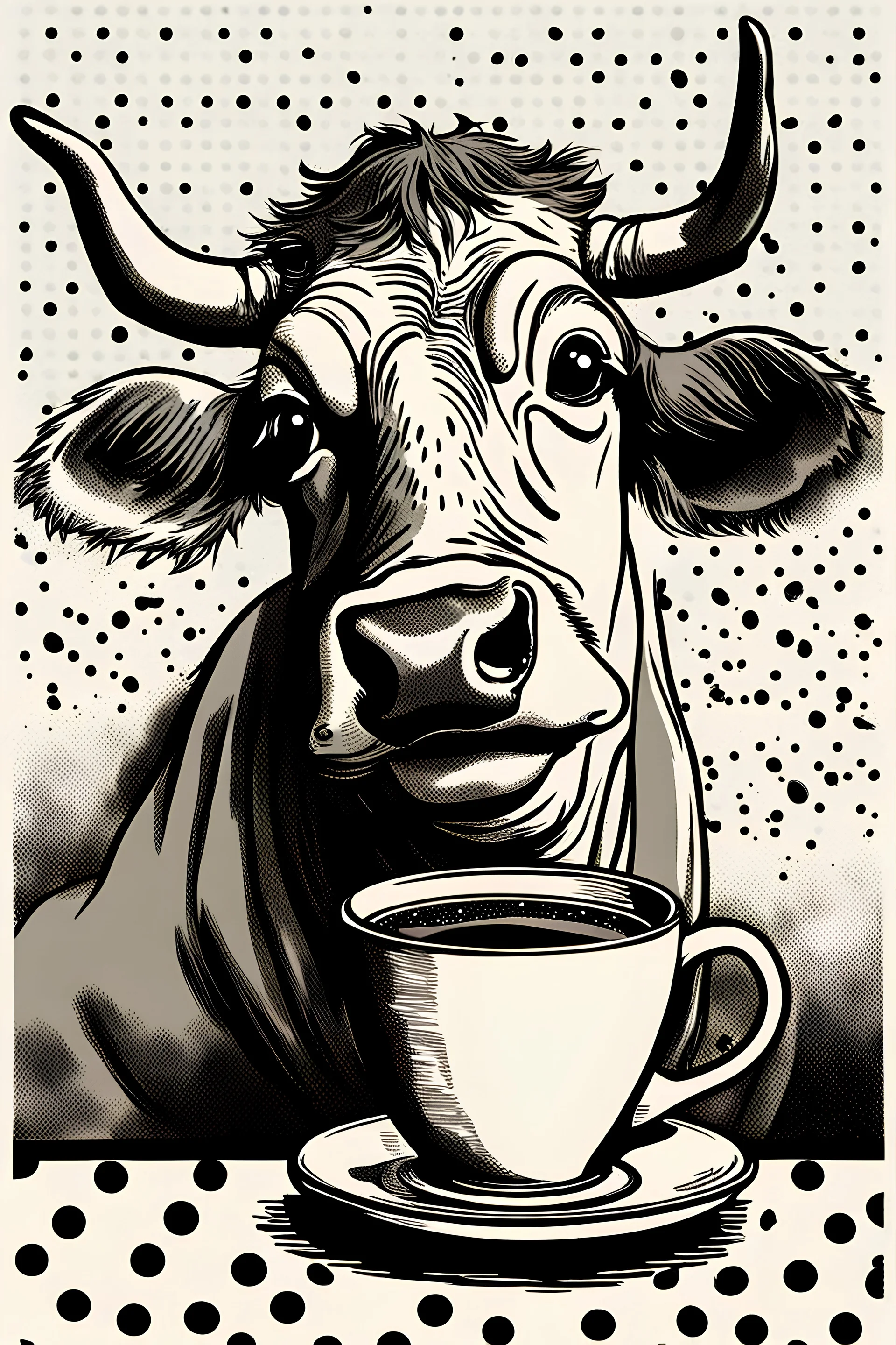 Illustration of a portrait of a cow drinking a cup coffee and looking at the camera. Polka dots in the background. by goya