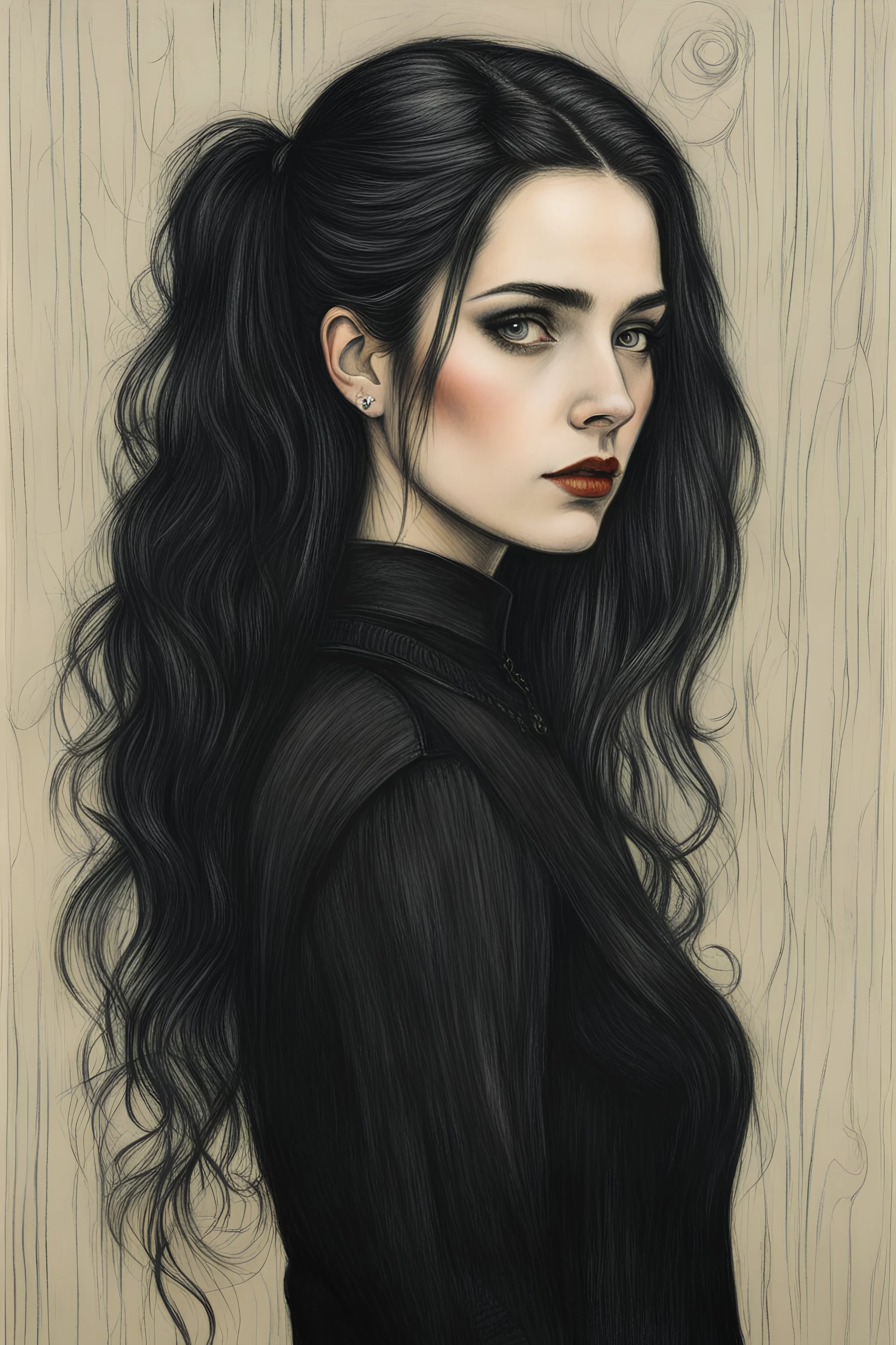 create a 3/4 profile, full body oil pastel of a dark haired, savage, dressed in black casual clothing, gothpunk pale girl with highly detailed , sharply defined hair and facial features , in a 19th century drawing room in the style of JOHN WILLIAM WATERHOUSE