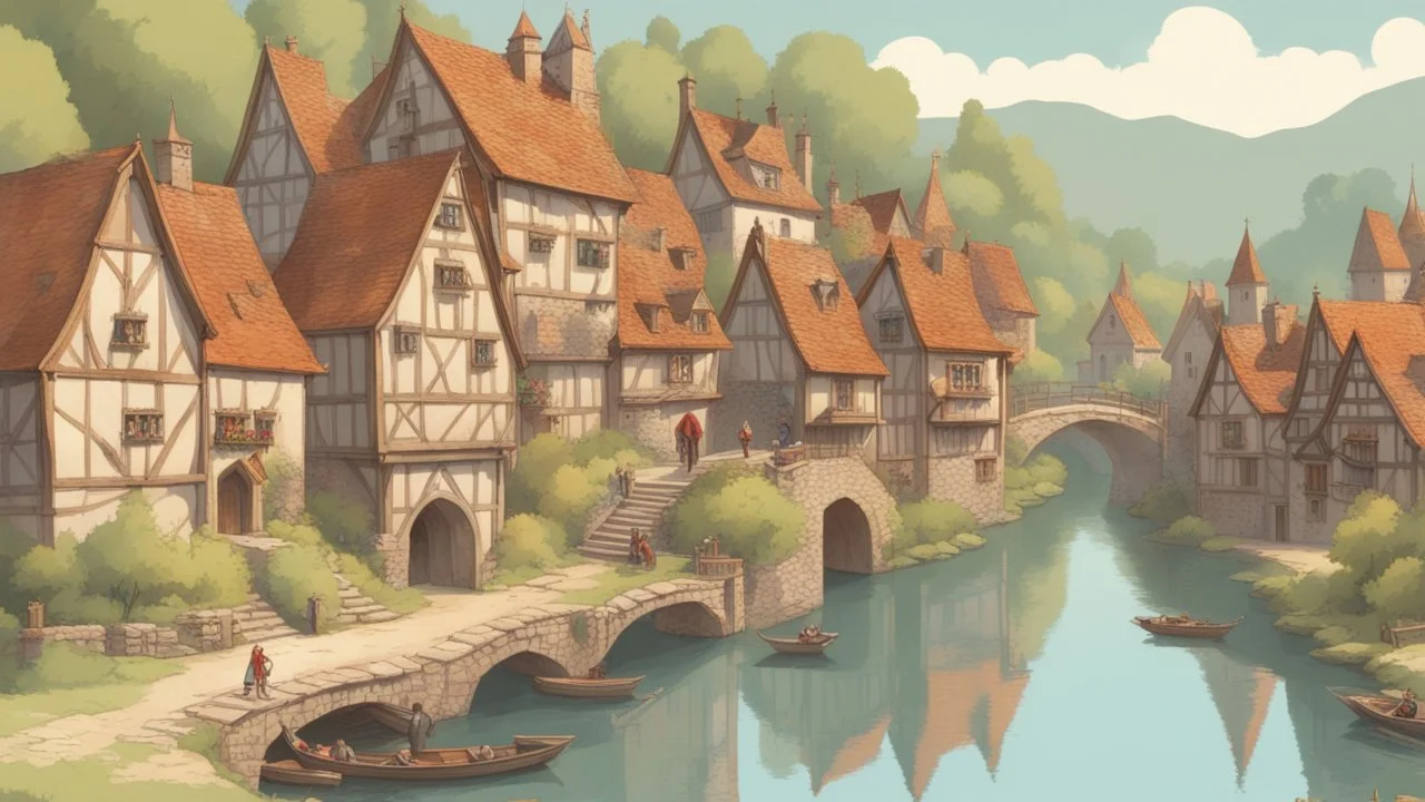 medieval gothic village on a lake with bridges, people, balconies, trees