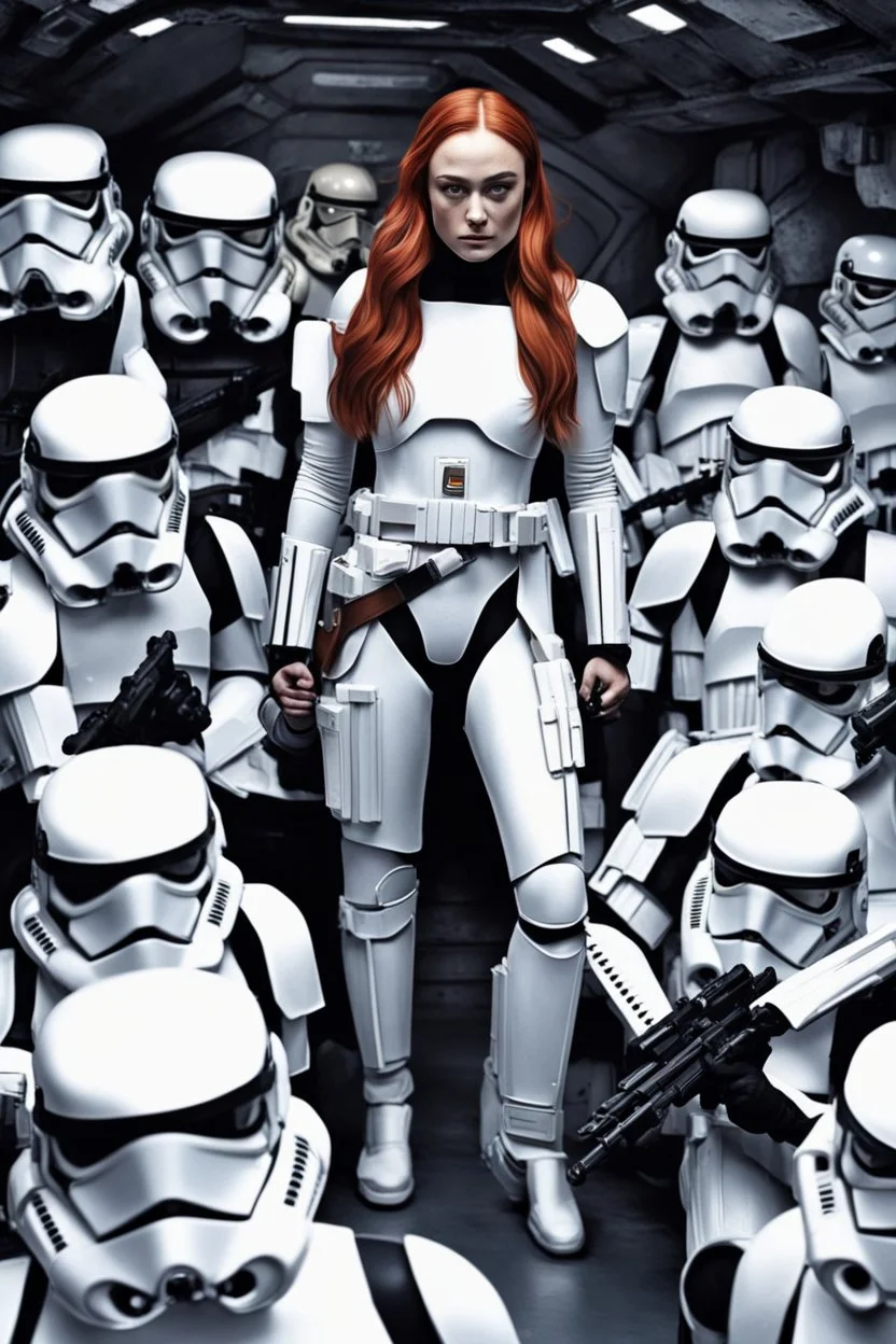 [Sophie Turner] Rounding a bend, Sophie spotted a storage alcove and slipped inside. Crates were piled haphazardly, but among them was a lifeless rebel trooper. His vac-suit was a poor substitute for stormtrooper armor, but it would have to do. Sophie stripped the body quickly, ignoring the sick feeling in her gut. Once clad in the rebel gear, she hurried down the passageway, hoping to blend in long enough to locate an escape pod. The ship was on high alert; groups of rebels rushed