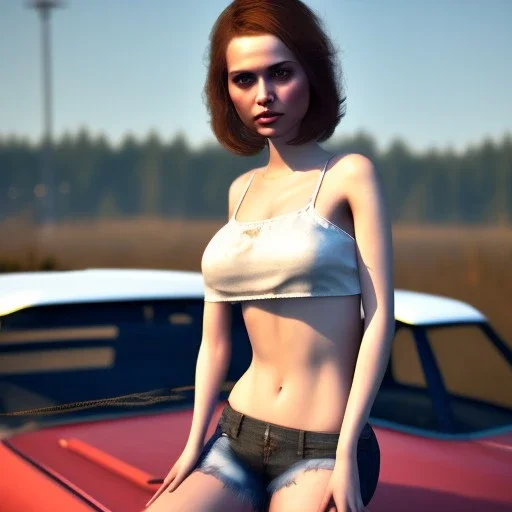 happy cute chick sitting on roof of a car portrait, wreckfest, spectacular graphics, unreal