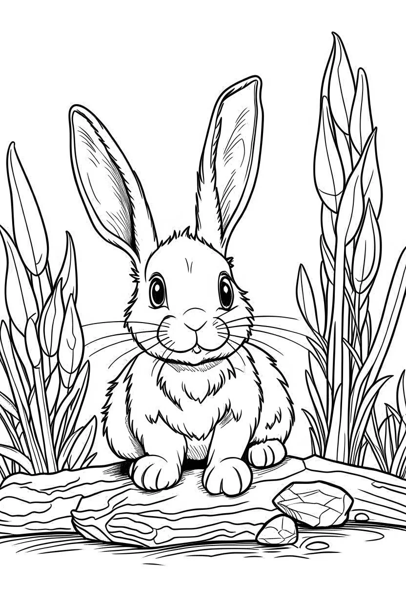 cute coloring page, sketch style, cute baby rabbit in the wood, cartoon, white and black, withe background, no shadows, outline.