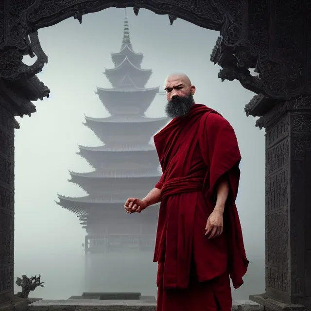 Portrait of a monk, fog, distant Asian temple, profile, grim, dark, Frank Frazetta, Greg Rutkowski, hyperdetailed, trending on Artstation, Splash screen art, dynamic lighting, intricately detailed, a masterpiece, 8k resolution, high contrast, bearded, red robe, detailed face, dramatic, intense