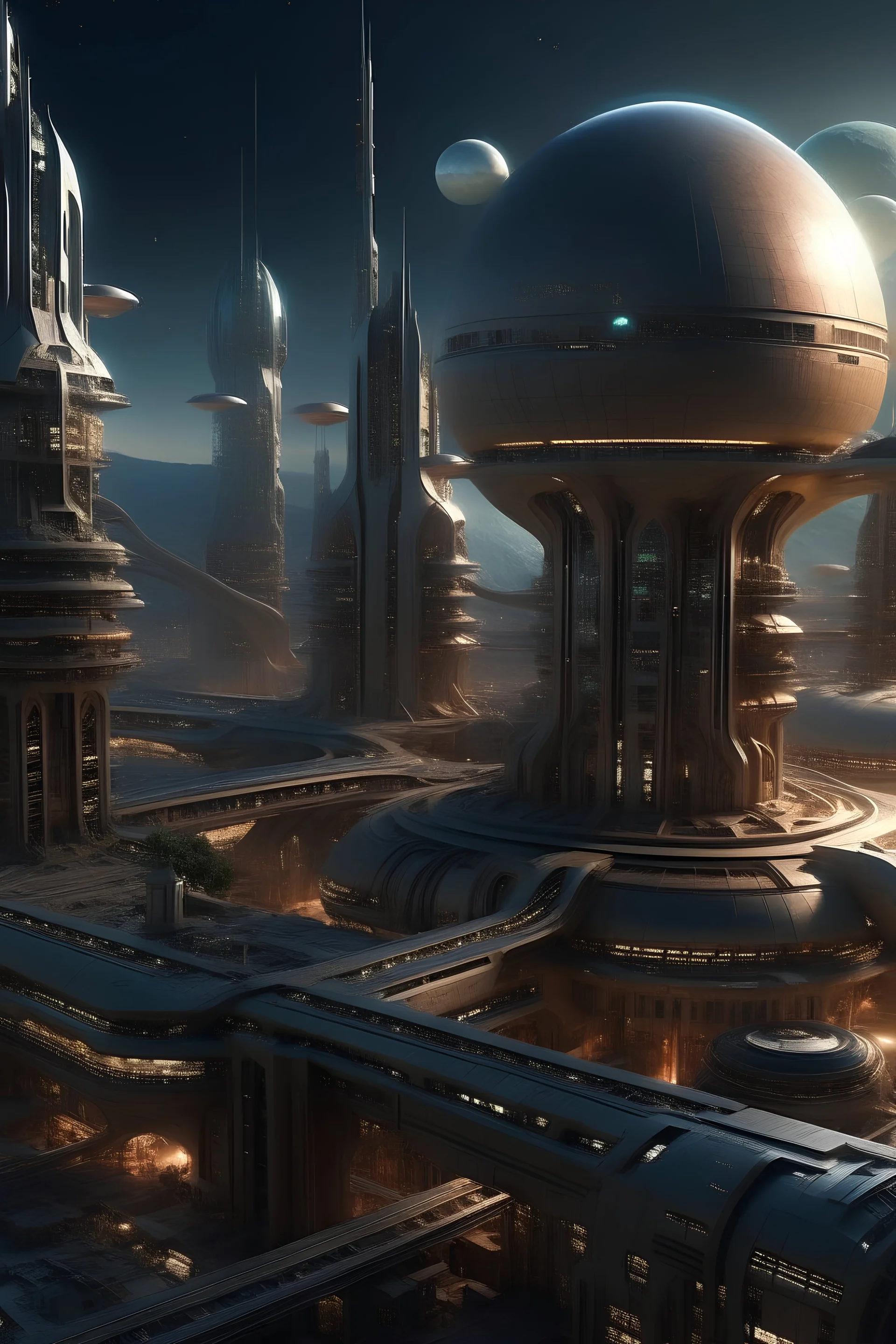 space, high_resolution, high detail , realistic, realism, futuristic, galactic capital city, techno, ancient, mystic, ion_engines, many small space ships in the background