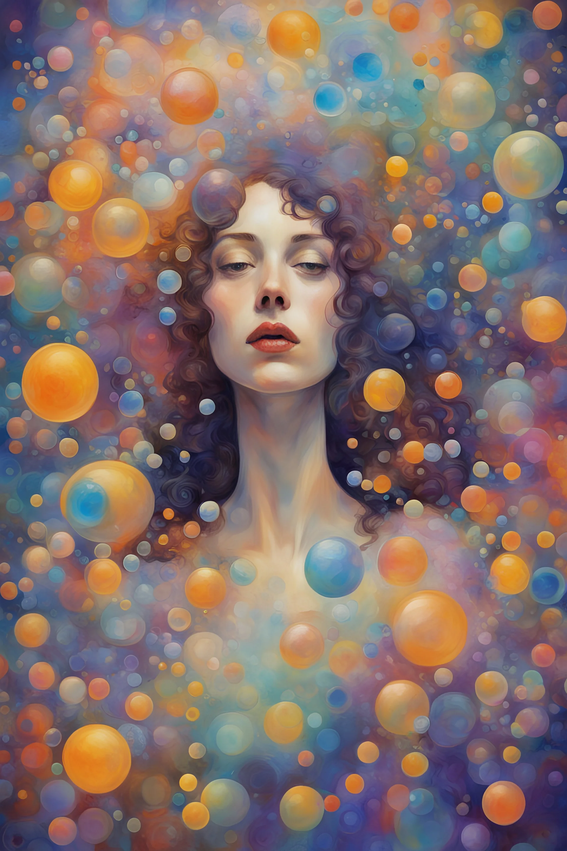woman in a world of bubbles, colorful, painterly, like a painting, mystical, wonder, mysterious, psychedelic art, gustav klimt style