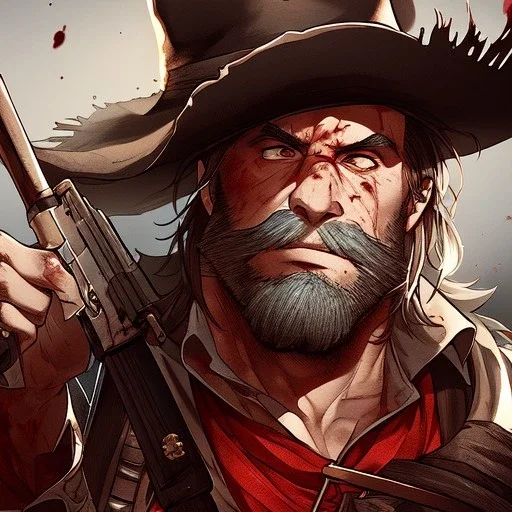 Portrait, bearded, Gunslinger, Cowboy, cowboy hat, serious face, Blood Splatter