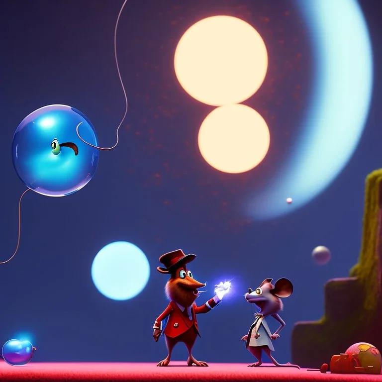 The hangman and the mouse discussing the future of the universe on bubble world, art by Pixar and Dreamworks