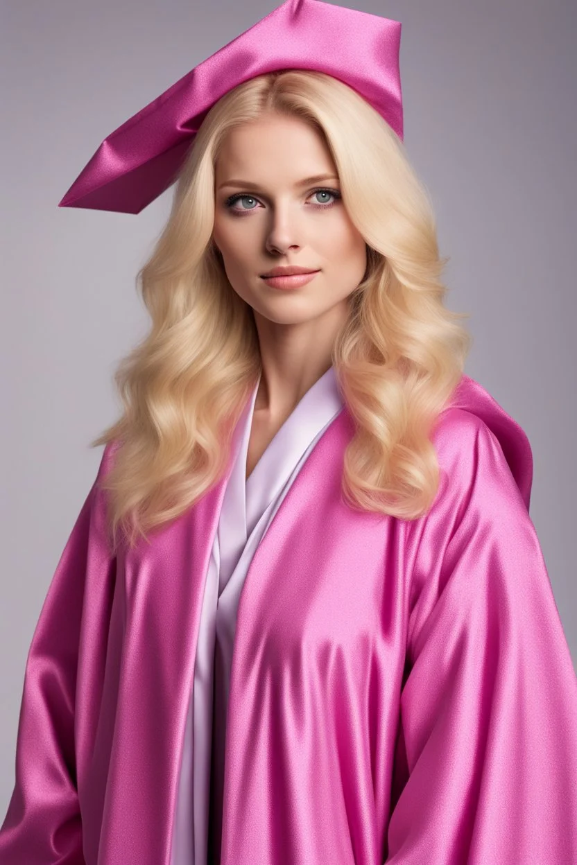 Een dom blondje die haar dokterdiploma heeft gekregen dankzij CHATGPT. ze draagt een afstudeertoga. Straalt domheid uit. Haar graduation outfit is volledig roze, velvet en glinster.Karikaturaal, carnavalesk, er zijn doktersattributen, denk legally blind en greys anantomy Dokter moet duidelijk zijn. Ze is lelijk, veel koninklijker, grootser, gigantisch, echt carnaval. De vest is dicht, tinten blauw, graduation sjaal