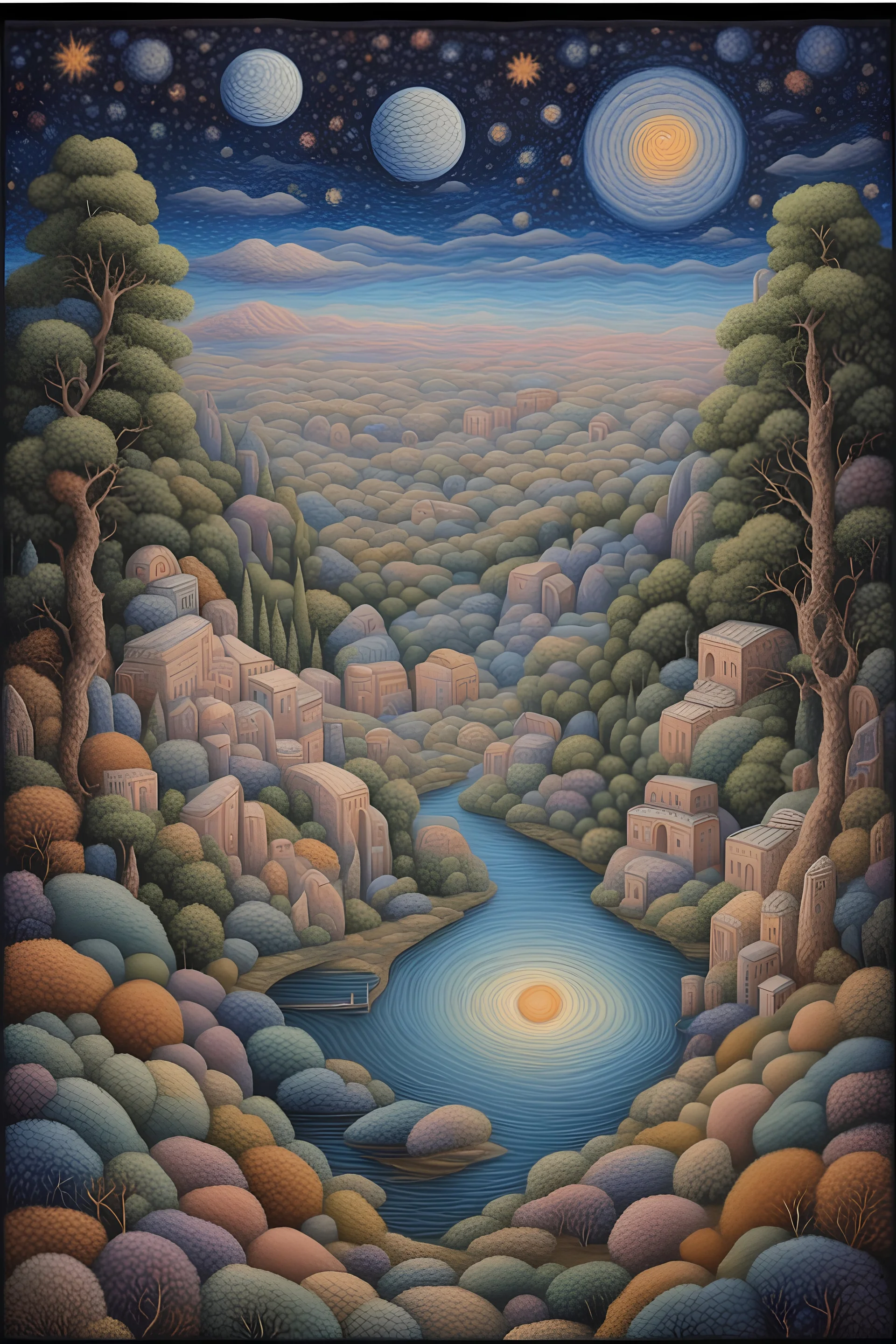 Armenian Knitted Tufting Tapestry misty Matera forest Village on the river Hills Starry Night Spring pastel color Dreams, by Paul Laffoley oil painting