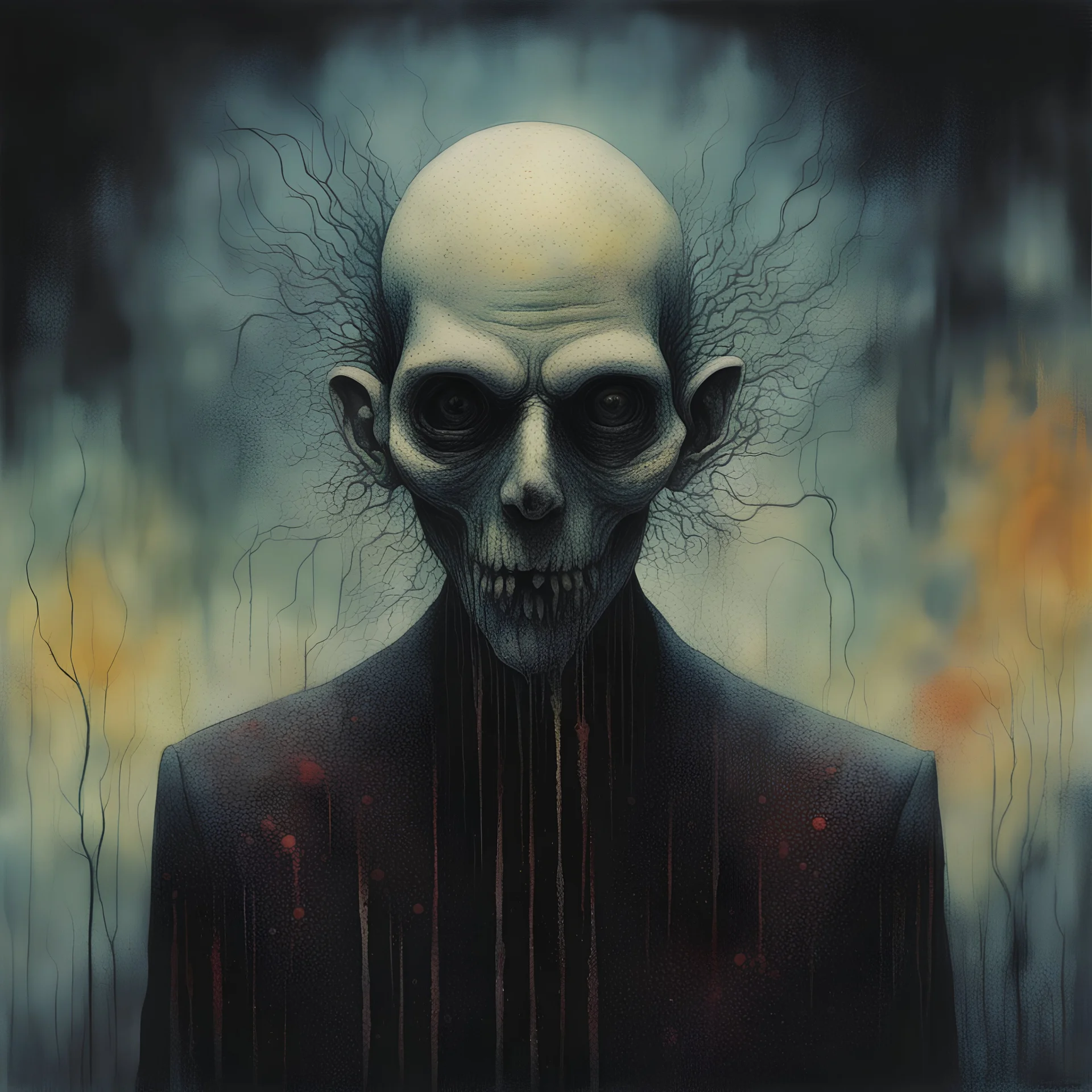 eldritch ruminations on horror, Surreal horror, style by Duy Hunyh and Dan Mahurin and Arthur Secunda and Ben Goossens, vivid colors, deep-seeded fear of the dark, unsettling, sinister abstraction, watercolor and ink, pointillism, acid wash