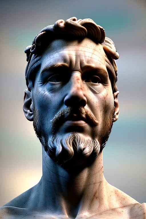 Ultra Realistic image, classical renaissance sculpture, white marble material, Lionel Messi, emperor, gold Laurel leaves crown, miguel angel style, chisel style, emperor, waist up portrait, epic, celestial, cinematic lighting, God light, god rays, 4k resolution, smooth details, ornate details, soft lighting, unreal engine 5, sky background.