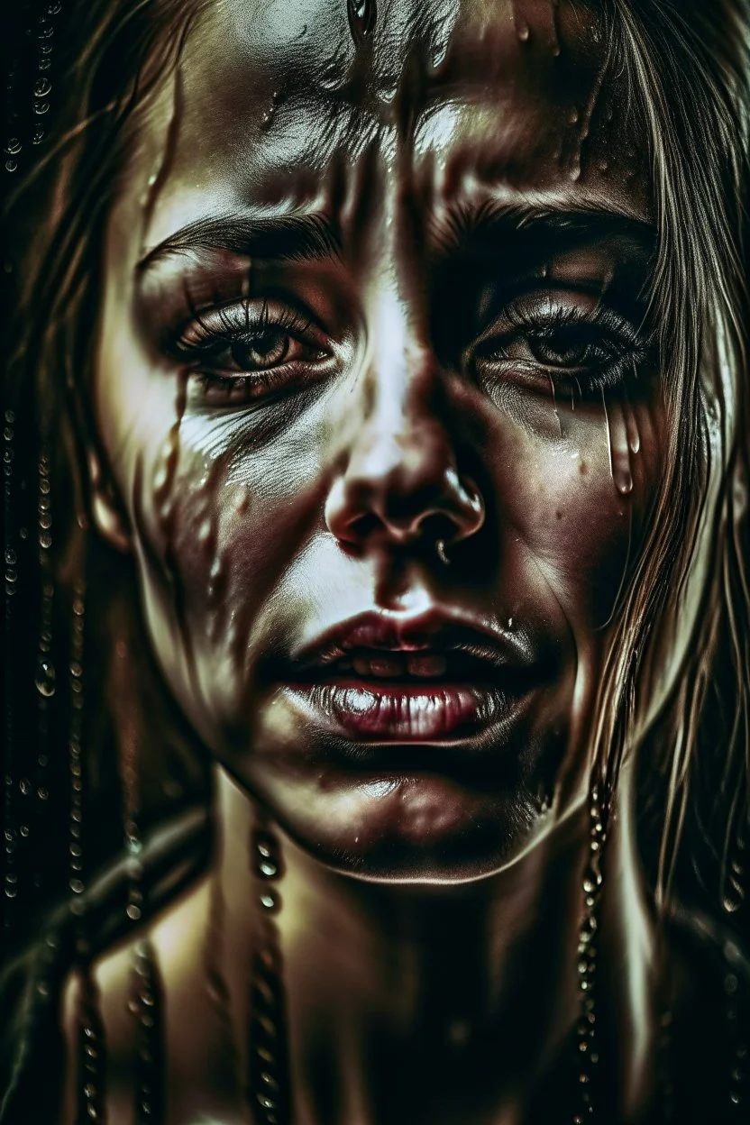 A beautiful woman with tears streaming down her face, her expression a mix of sorrow and despair.HOF, full size, (((realism, realphoto, photography, professional photographer, captured with professional DSLR camera, 64k,