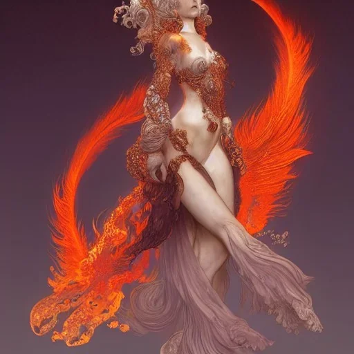 character render a goddess of fire, intricate, flowy, volcanic ash, lava, smoke, intangiable, hair made of fire, Character concept by yoshitaka amano, herbert arnould olivier, alphonse mucha, Akihiko Yoshida, Hyung-tae Kim, alexander mcqueen. trending on Artstation