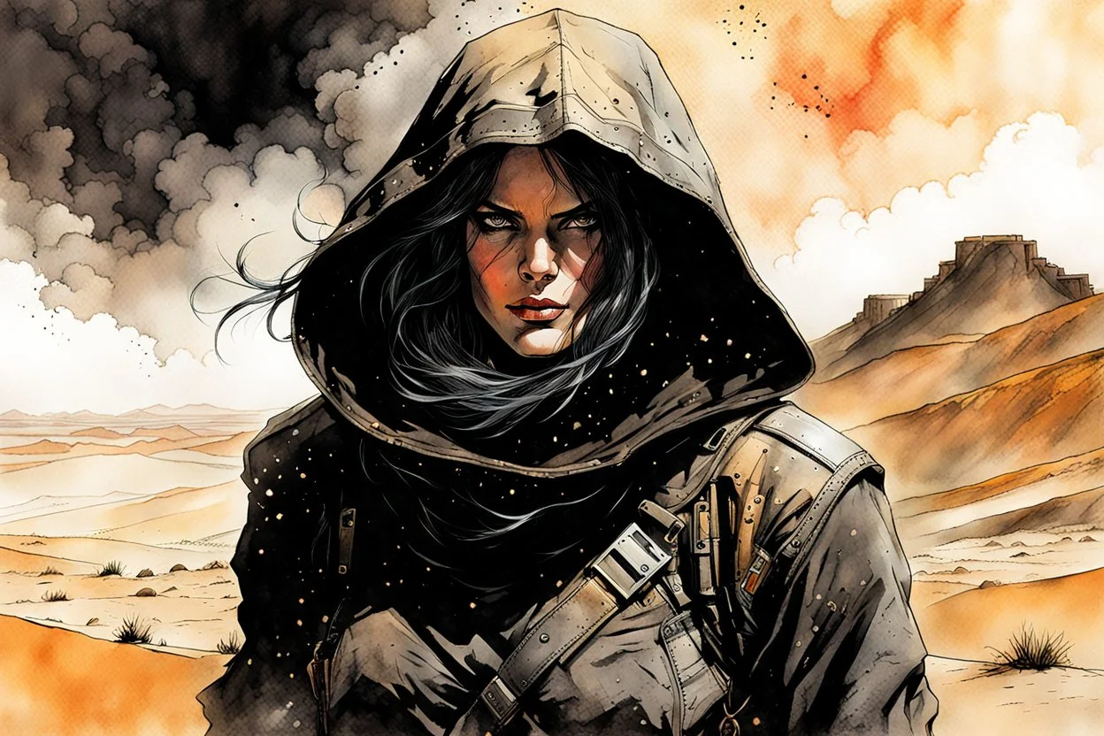 create an ink wash and watercolor, fine art print full body portrait illustration of a rugged gritty, roughly textured, hooded, black clad and dusty Fremen female mercenary with highly detailed feminine facial features, amidst the billowing desert storms of Arrakis, in the comic book art style of Bill Sienkiewicz, and Jean Giraud Moebius, finely textured, drawn, colored, and inked,