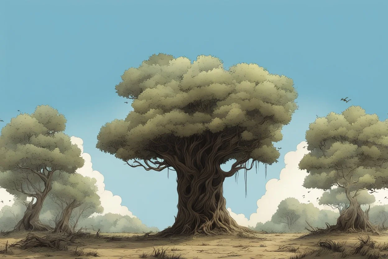 tree , overgrown apocalyptic background, comic book,
