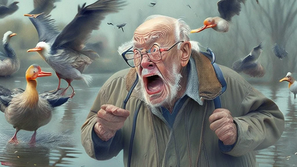 a very confused old man talks on phone while chasing ducks away,