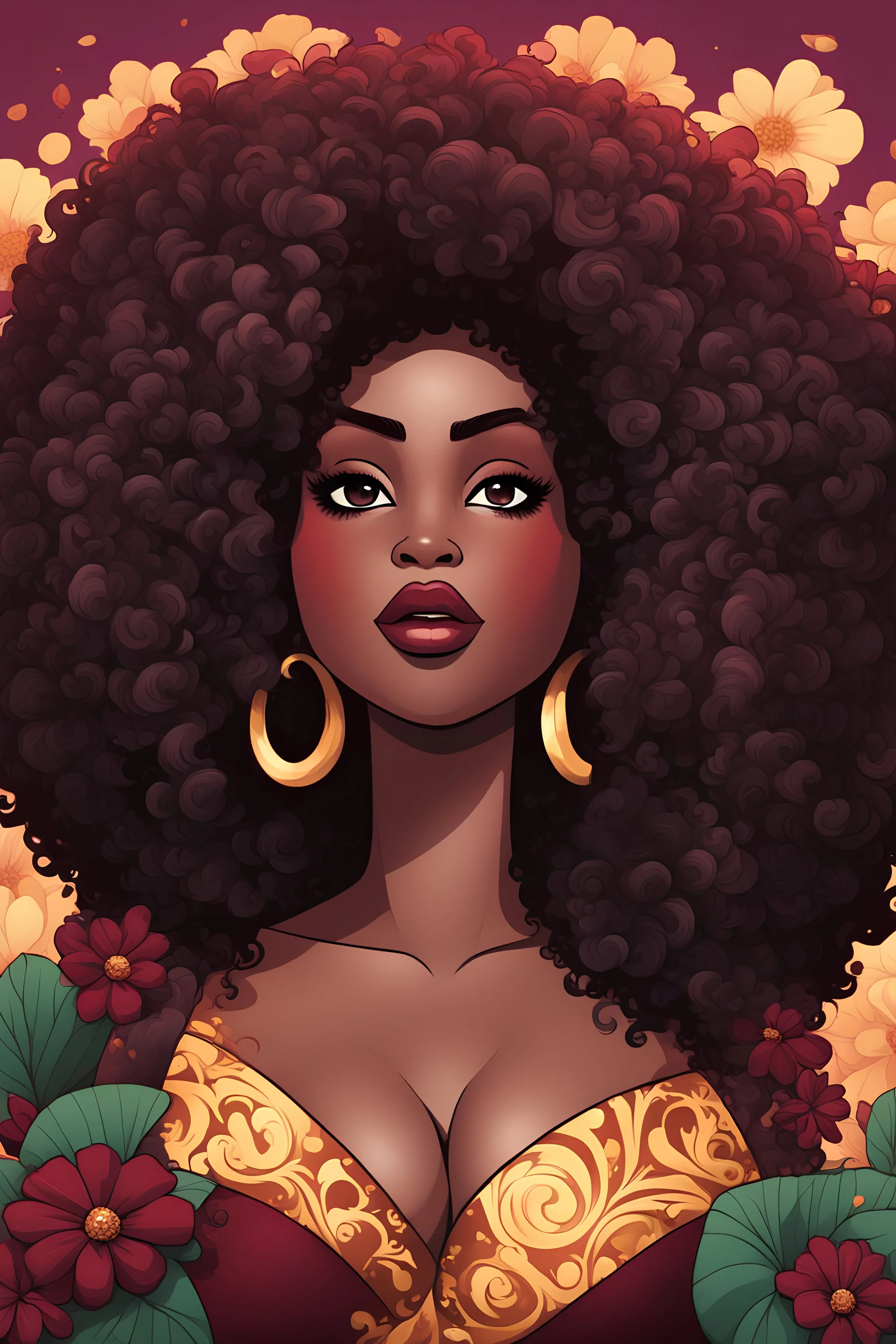 create a magna cartoon style image with exaggerated features, 2k. cartoon image of a plus size black female looking off to the side with a large thick tightly curly asymmetrical afro. Very beautiful. With Garnet, black flowers