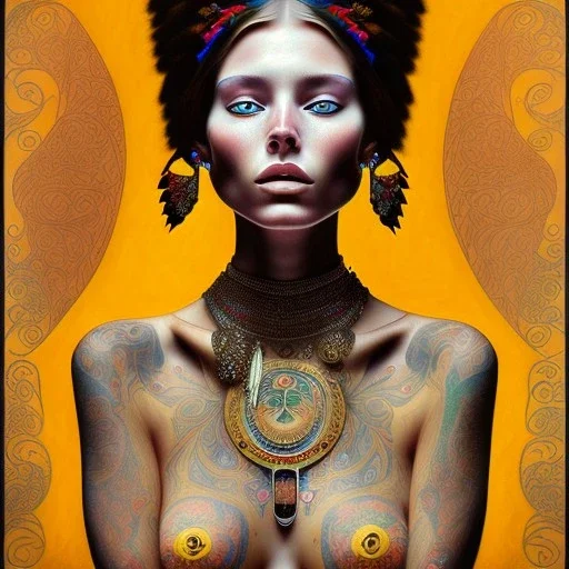 retrato de mujer tribal bella con tatuajes con estilo de Gustav Klimt