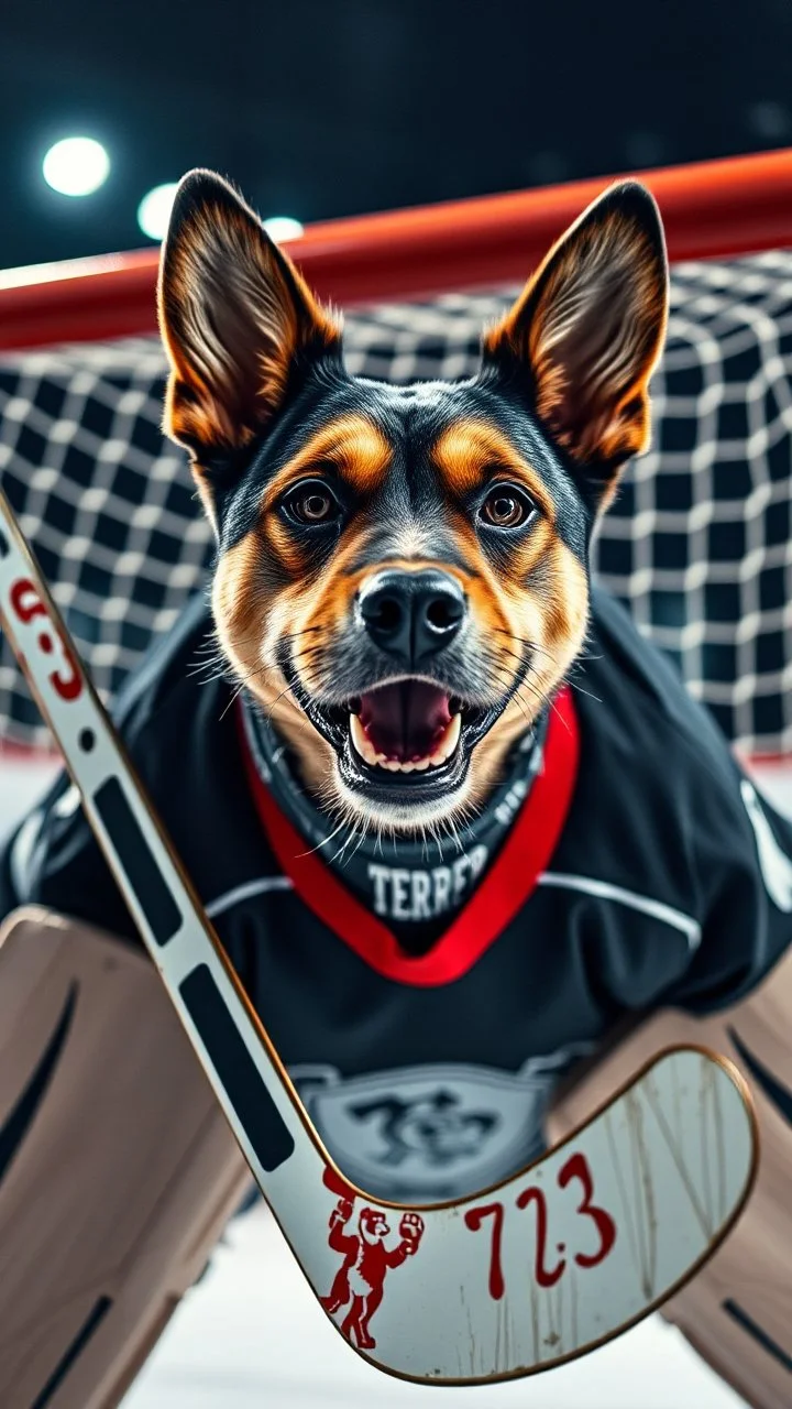 yorkton terriers hockey goalie in front of goal, with the head of an angry tarrier dog