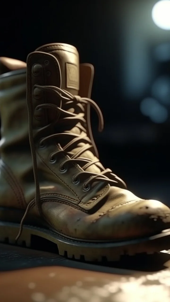 A hyperrealistic shot of an old military rugged boot , intricate details, soft natural light, screen captured from 4K Blu-ray