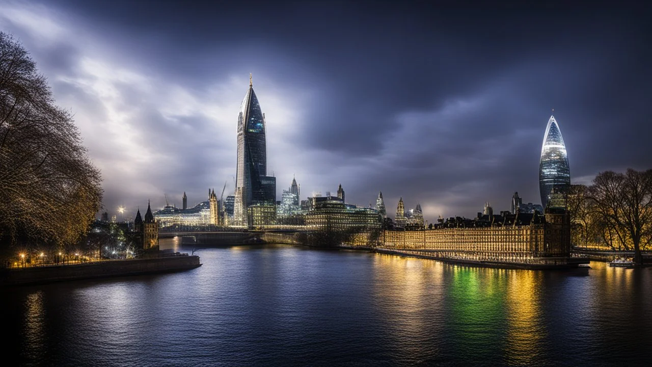 1002. The River Thames in London in a parallel universe, gherkin, shard, tower of London, fantasy, magic, beautiful lighting, attractive composition, photorealistic, extremely detailed, chiaroscuro