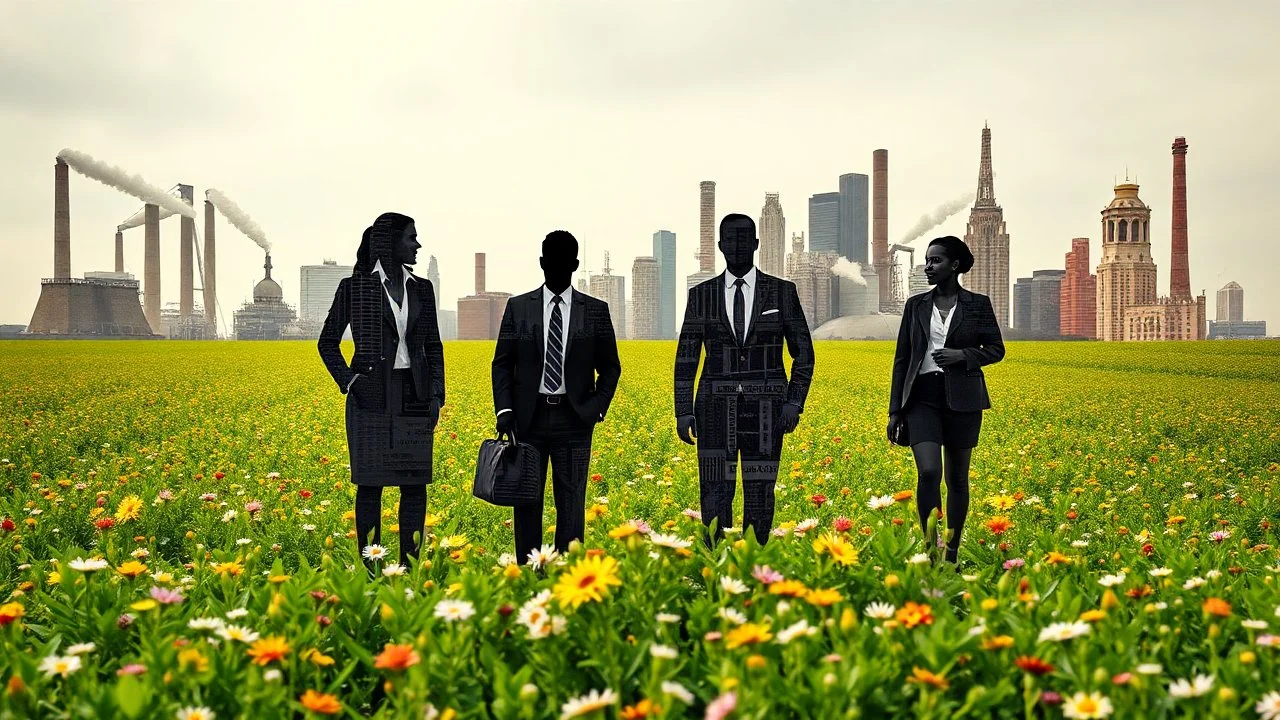 silhouettes of modern business people in a flowery green field, the silhouette is pasted with early 20th century black and white photos of damaged grainy, smoky, dirty industrial estates and business people covered with colorful financial graphicons