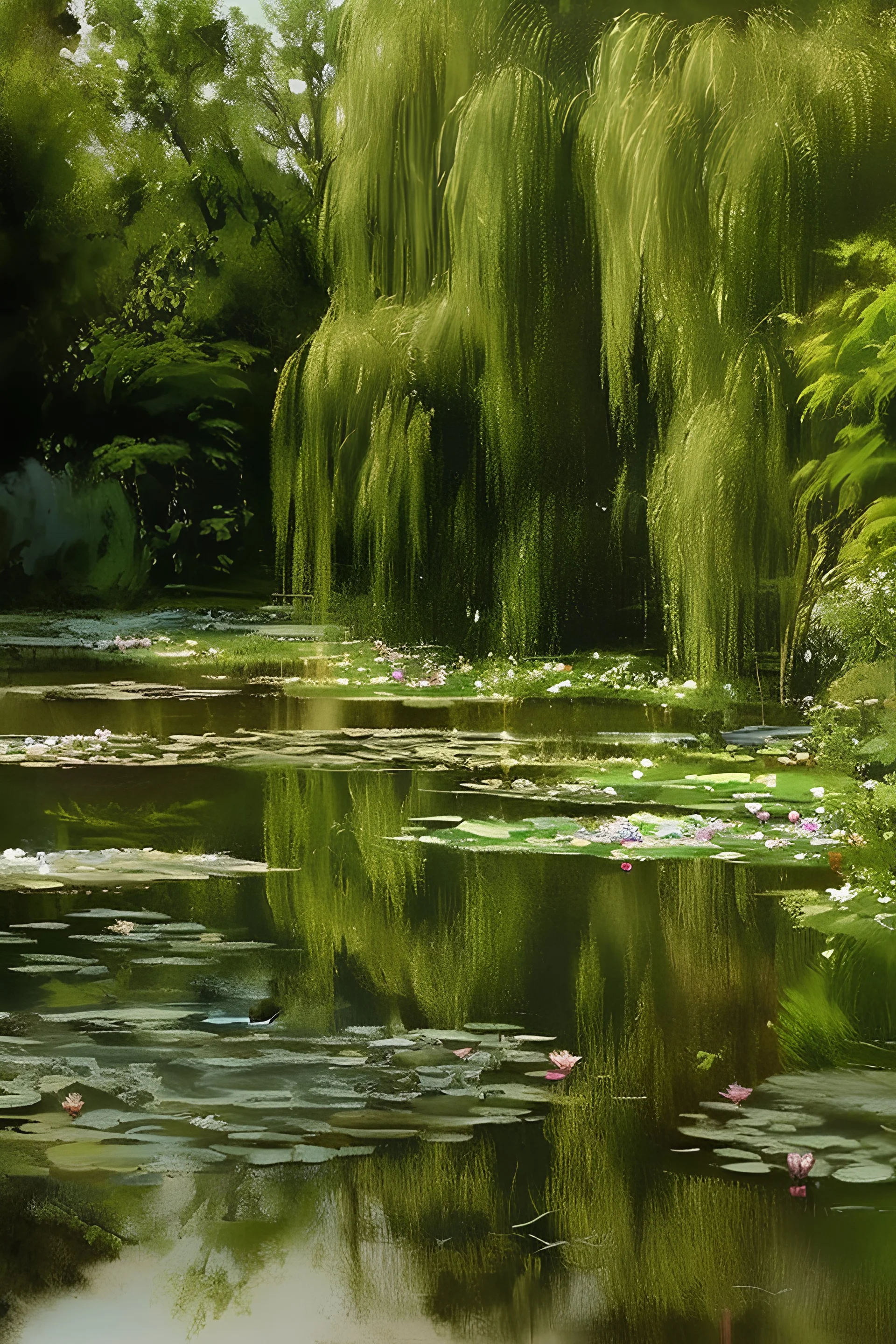 A beautiful classical painting of a cute pond with willows