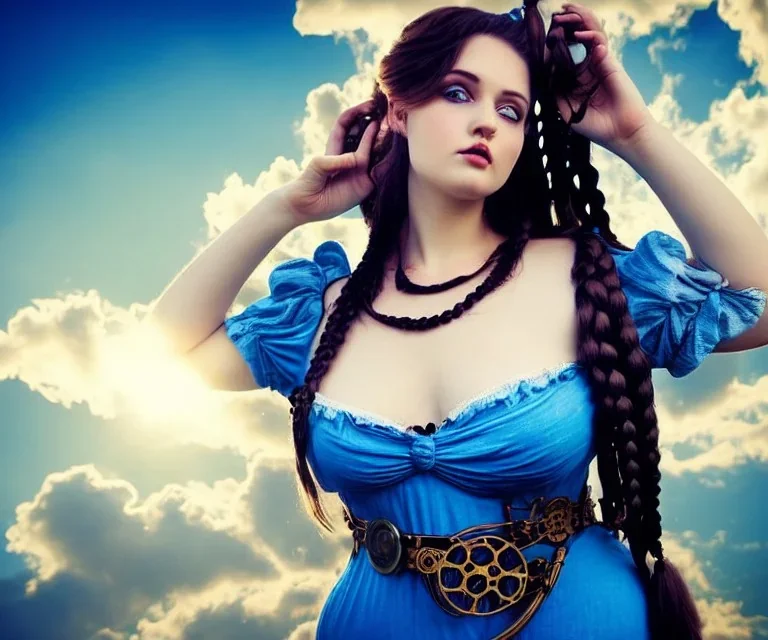 Very sensual gorgeous curvy young white woman brunette hair maiden dressed in blue posing sensually with plaits, and with a skull in her hand, background of ancient marble Roman arcs heavenly sunshine beams divine bright soft focus holy in the clouds steampunk engine steampunk engine.