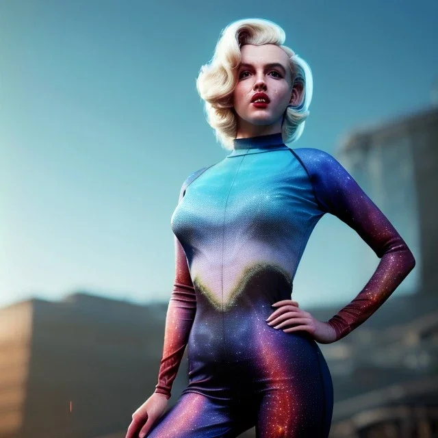 Realistic image, retro sci-fi, portrait, waist up view, blonde woman, sweet Marylin Monroe face, perfect iris, glow eyes. tight lycra tights suit, epic style, vibrant color, highly detailed, unreal engine 5, ray tracing, RTX, lumen lighting, ultra detail, volumetric lighting, 3d, finely drawn, high definition, high resolution.