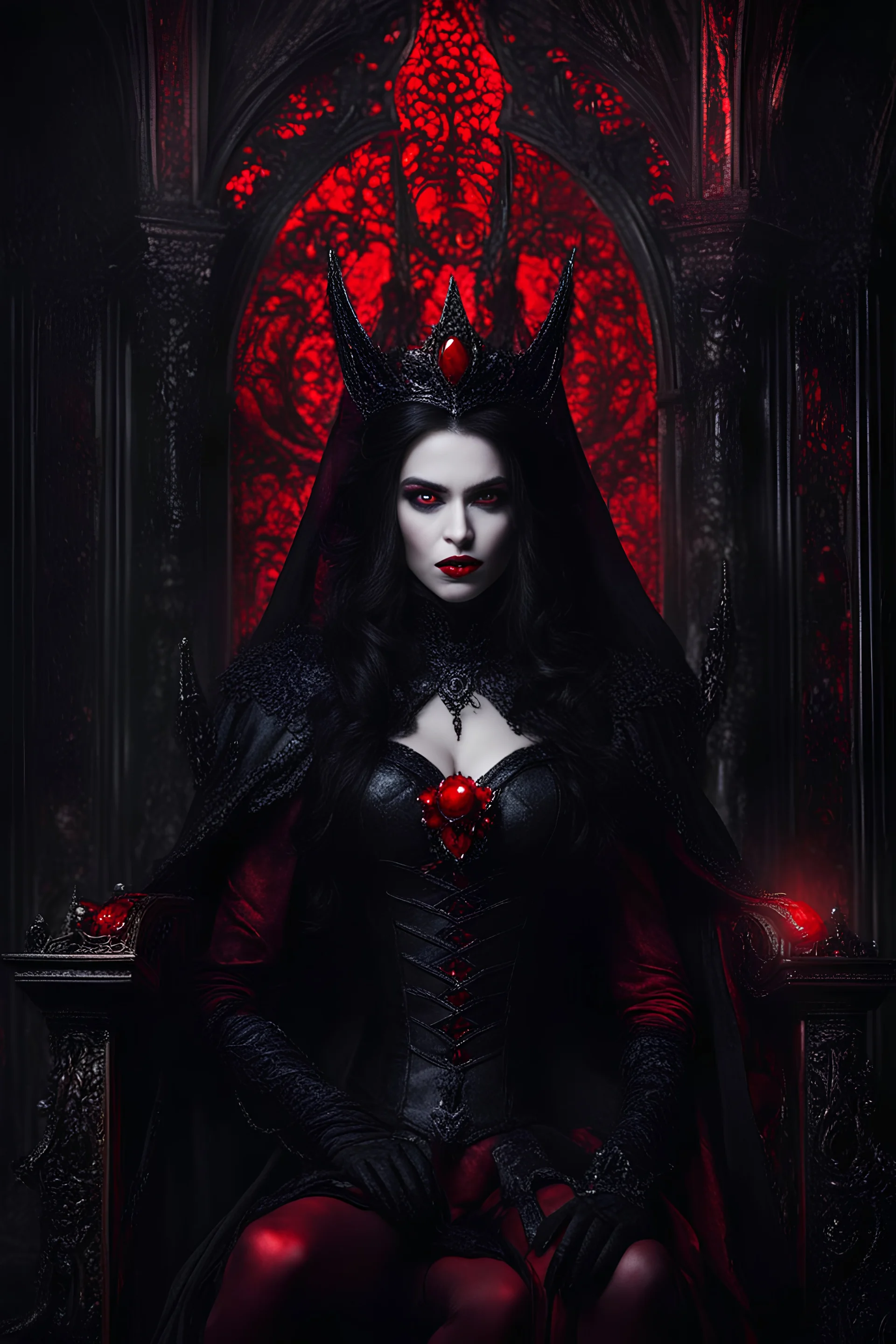 Photography Horror Art of The majestic Dark Vampire Queen,red eyes bright,sits on his throne, in darkness palace background , close-up portrait