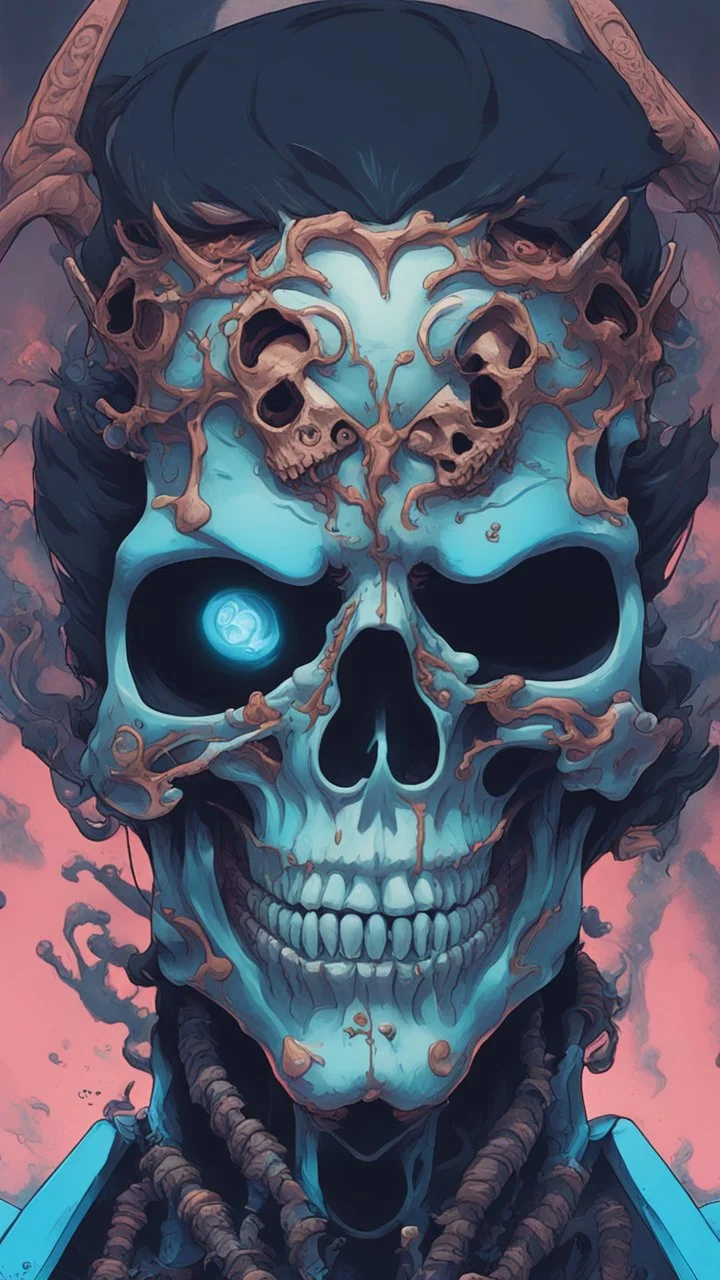 a close up of a person with a skull on their head, blue and black colors, anime skull portrait man, scary detailed art in color, hiroyuki-mitsume takahashi, nychos art aesthetic, half man half skeleton, anime cyberpunk art, colored manga art, rossdraws pastel vibrant, cold colors. insanely detailed, beautiful anime portrait, stunning anime face portrait, scary art in color