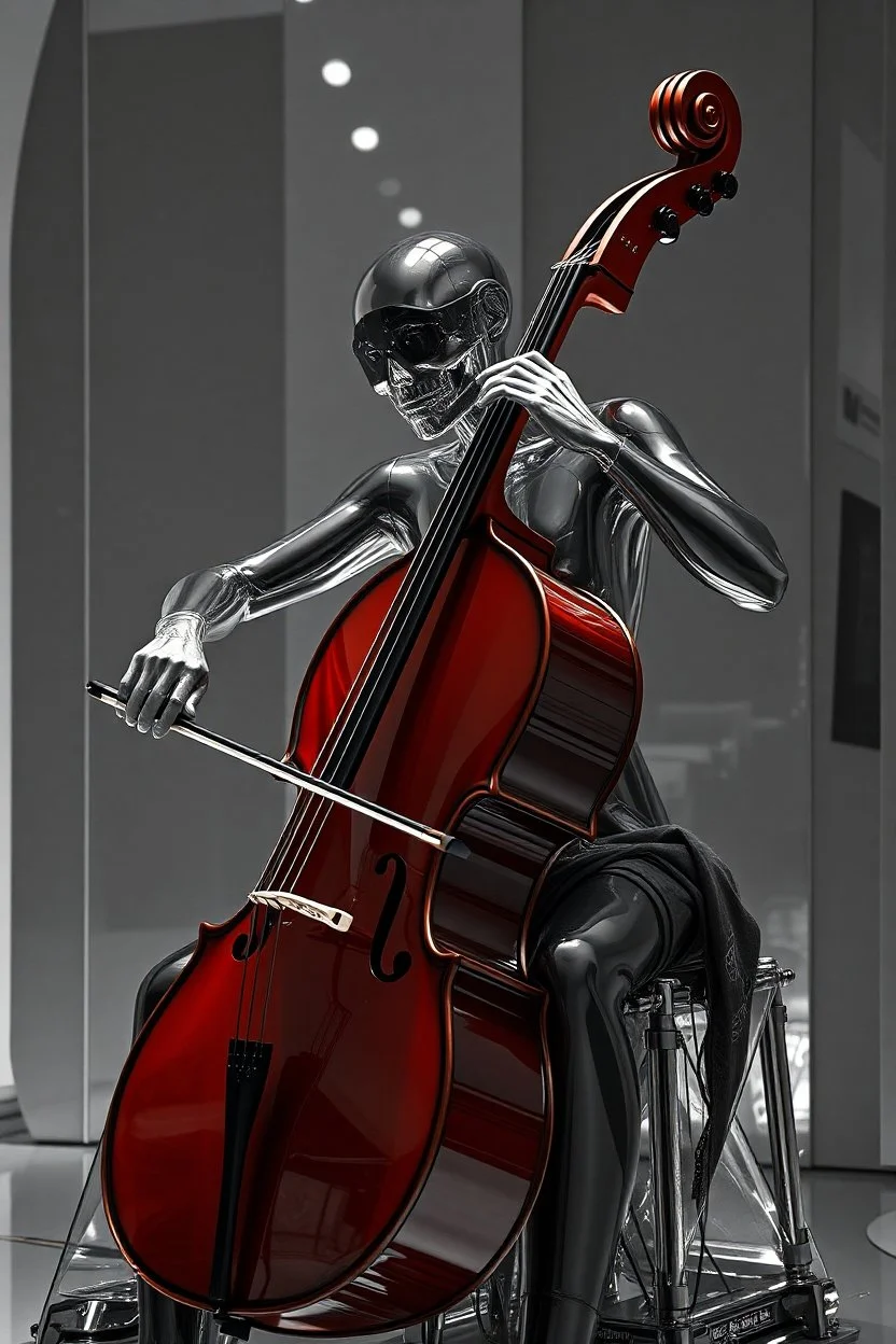 The whole body of Maniquí de glassy Artist mader playing the cello with mirrors background