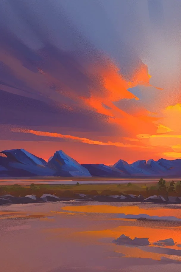 a paint of big rock mountains with and orange dawn sky