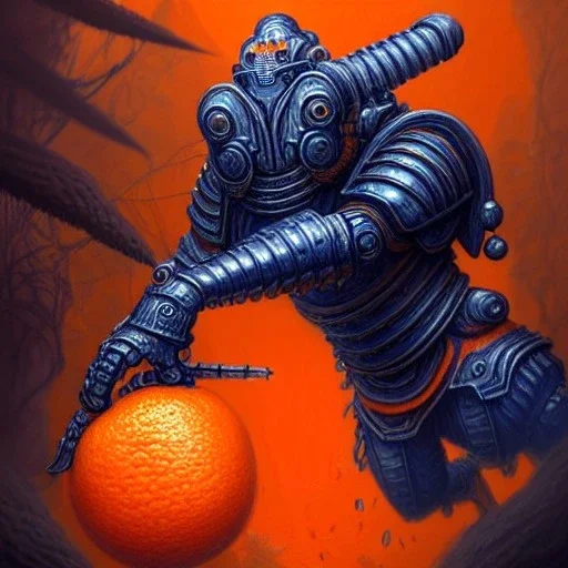 an orange fruit warrior in full navy blue and orange battle armor, a highly detailed illustration, background of Inka jungle, realistic render, 8 k, micro detail, intricate, elegant, centered, digital painting, Artstation, smooth, sharp focus, illustration, artgerm, tomasz alen kopera, peter mohrbacher, donato giancola, joseph christian leyendecker, wlop, boris vallejo