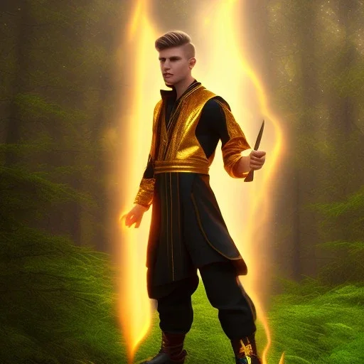 Male, Human, Blond, Sorcerer, Fire Mage, Golden Eyes, Young, Photorealism, Full Body Shot, Forest Background