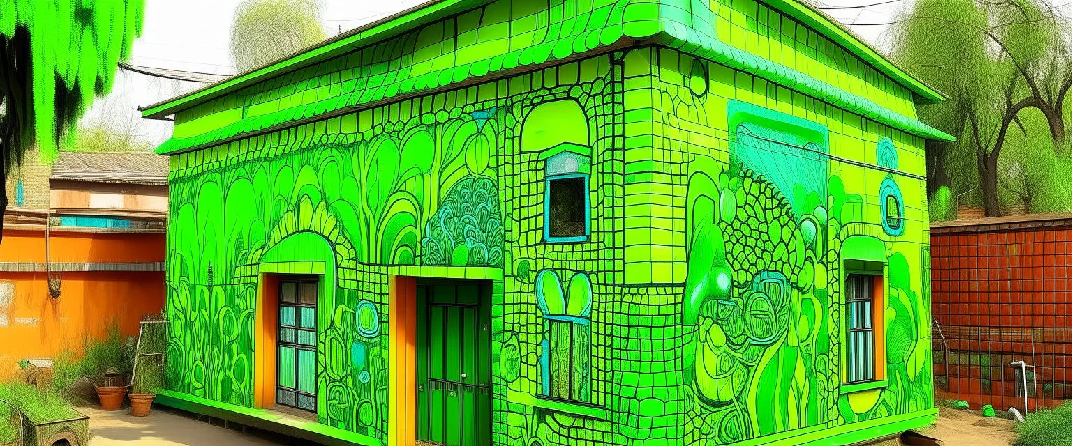 A lime green cybernetic workshop designed in Indian Gond art painted by Qiu Ying